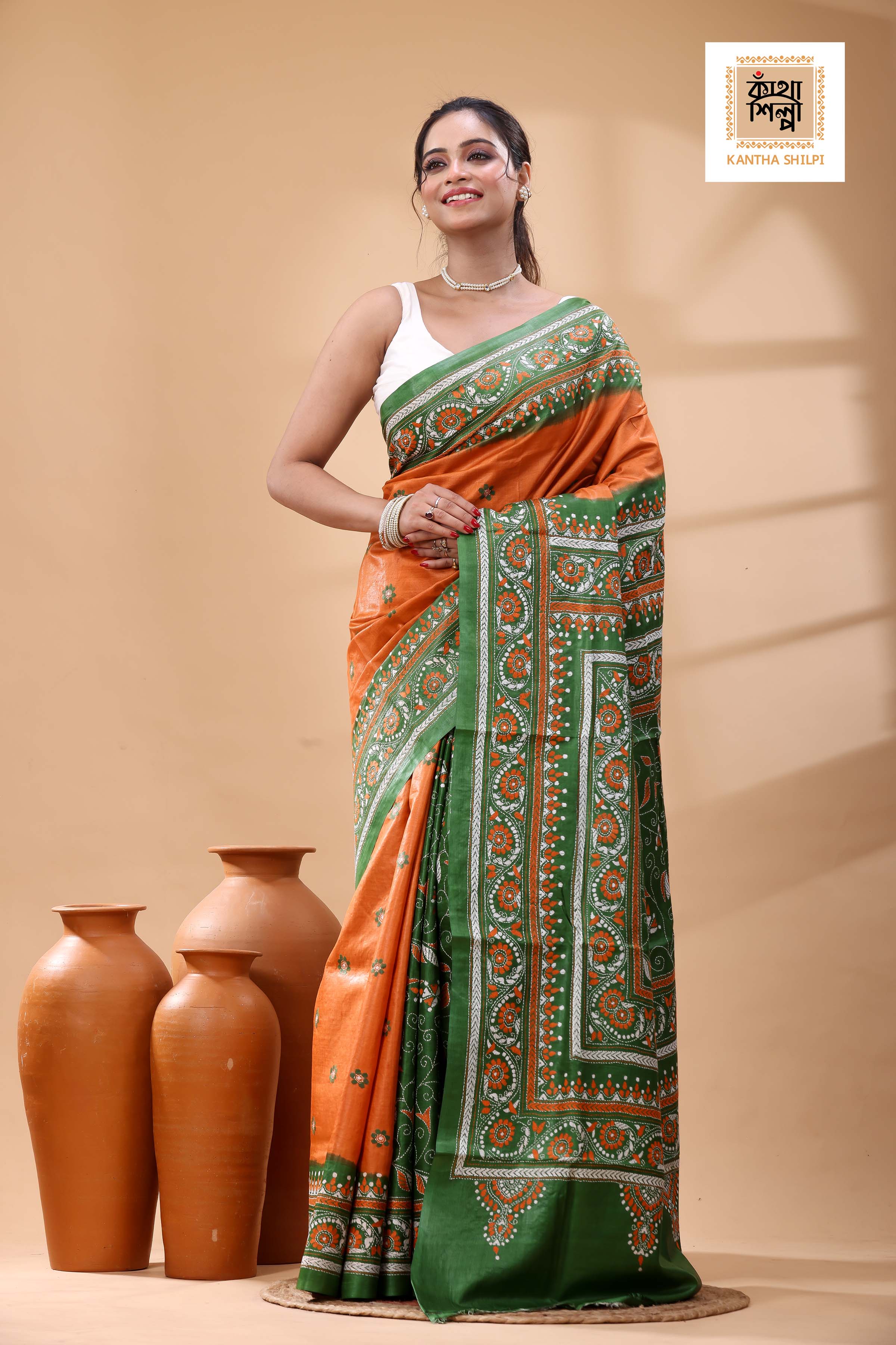 Pure Dye Gachi Tussar White-Orange Color Thread Work Kantha Stitch Saree