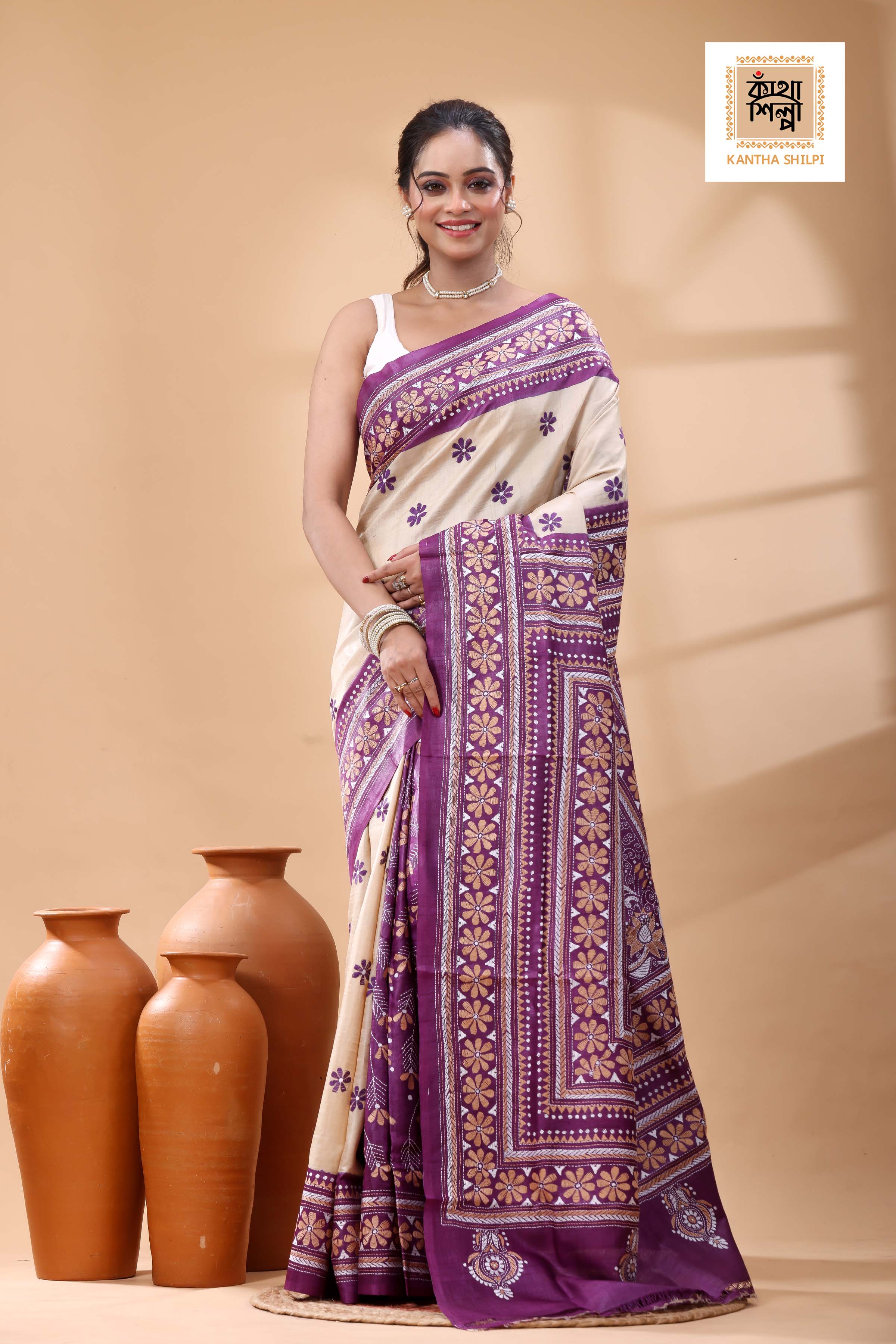 Pure Dye Gachi Tussar White-Beige Color Thread Work Kantha Stitch Saree
