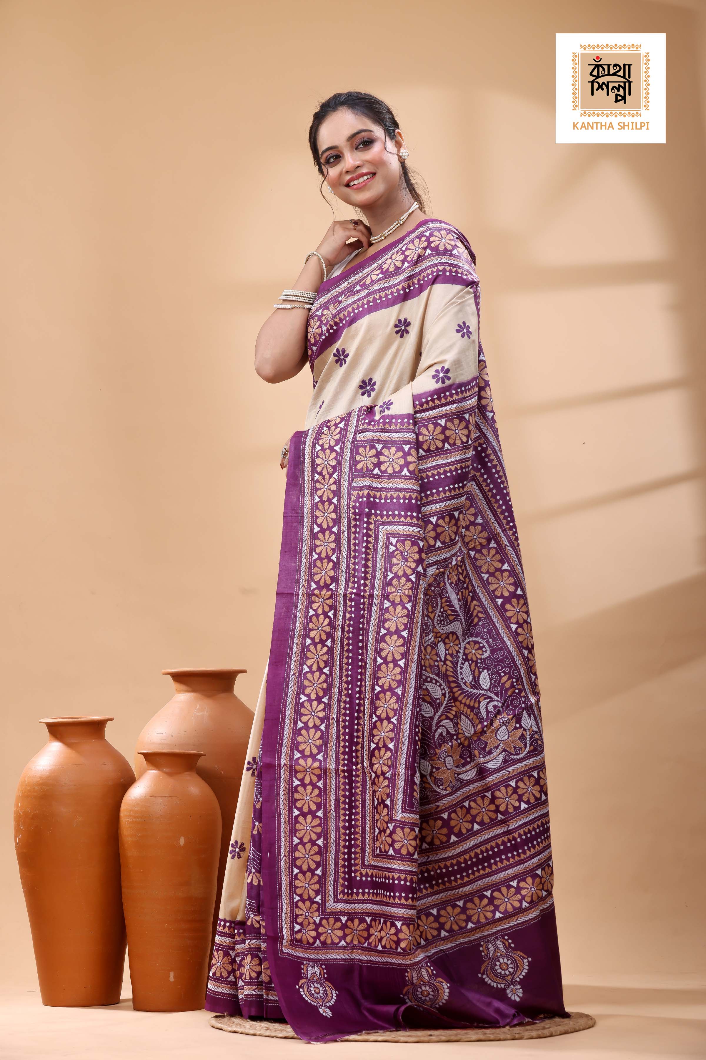 Pure Dye Gachi Tussar White-Beige Color Thread Work Kantha Stitch Saree