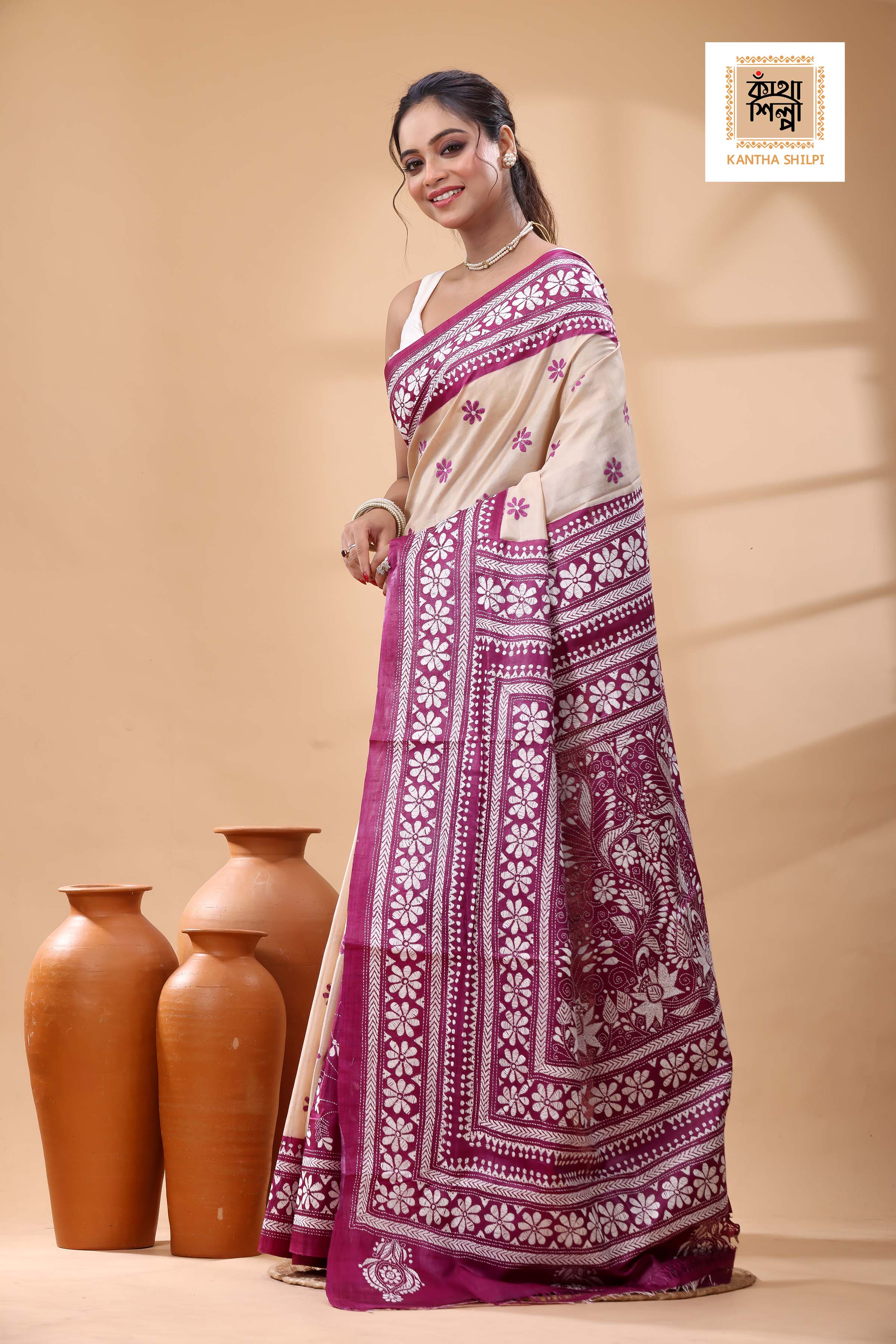 Pure Dye Gachi Tussar White Color Thread Work Kantha Stitch Saree