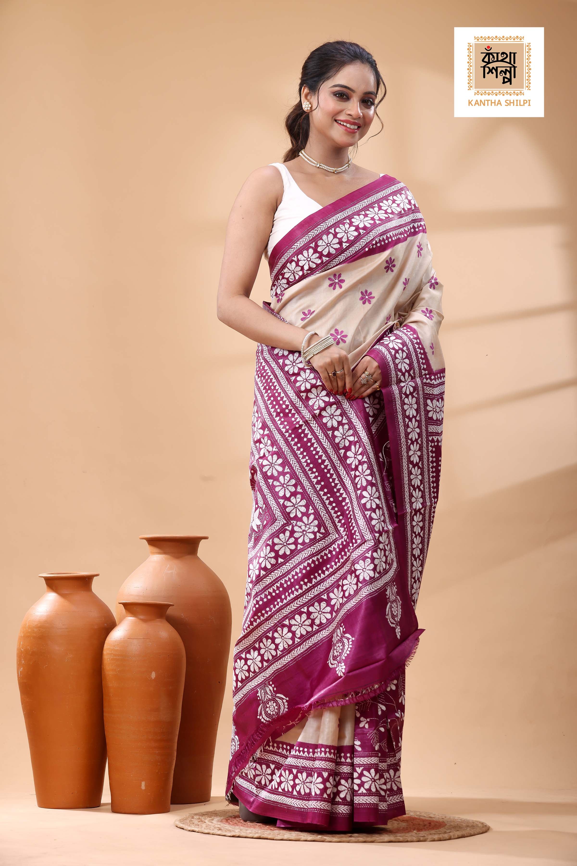 Pure Dye Gachi Tussar White Color Thread Work Kantha Stitch Saree