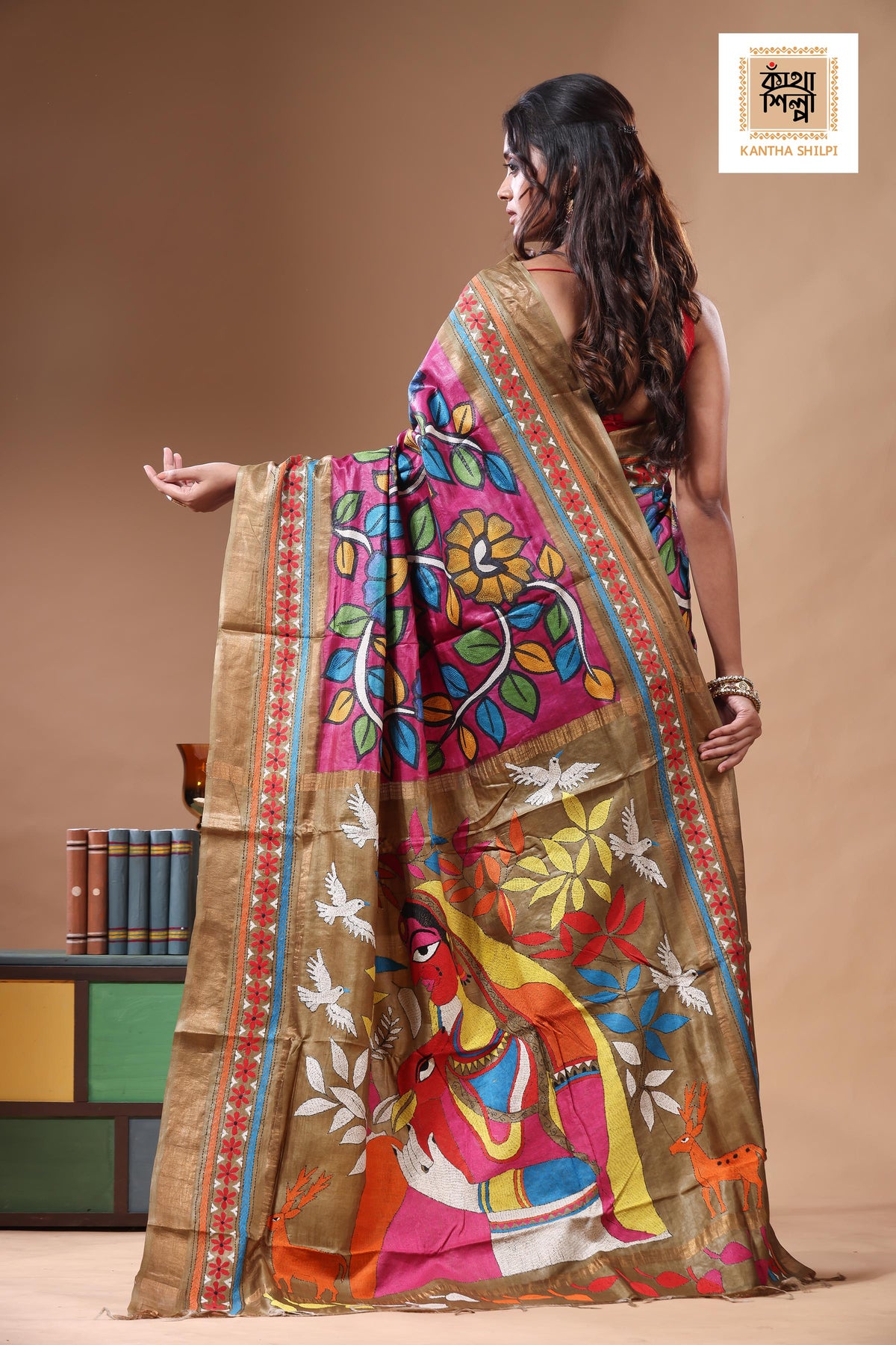 Zari Border Pure Tussar Kantha Stitch Saree SN2630812