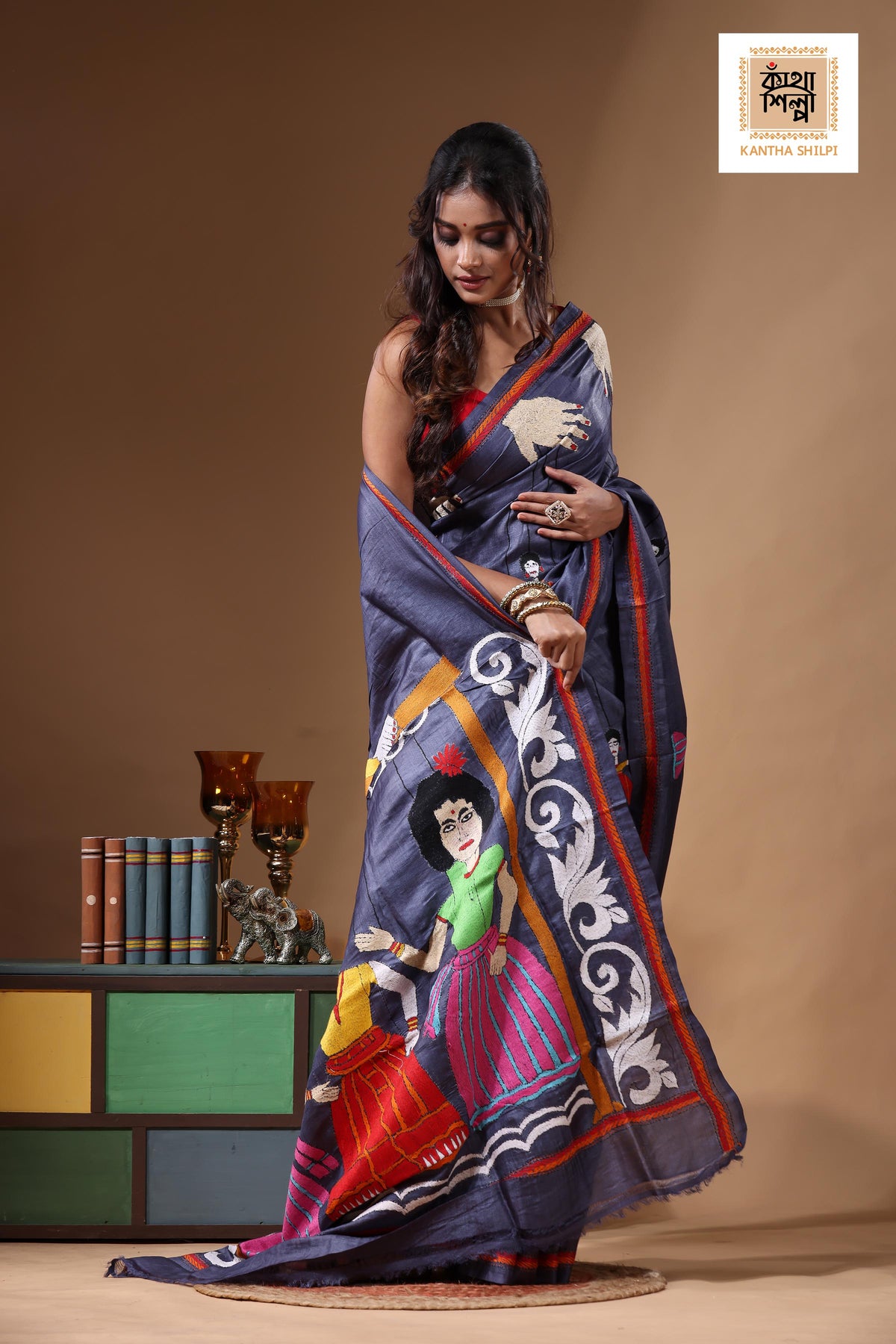 Dye Pure Gachi Tussar Kantha Stitch Saree SN2631153