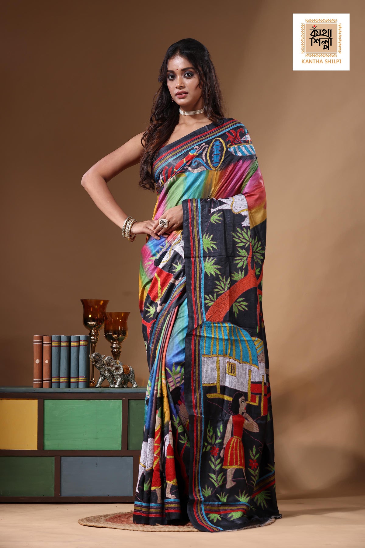 Dye Pure Gachi Tussar Kantha Stitch Saree SN2631171