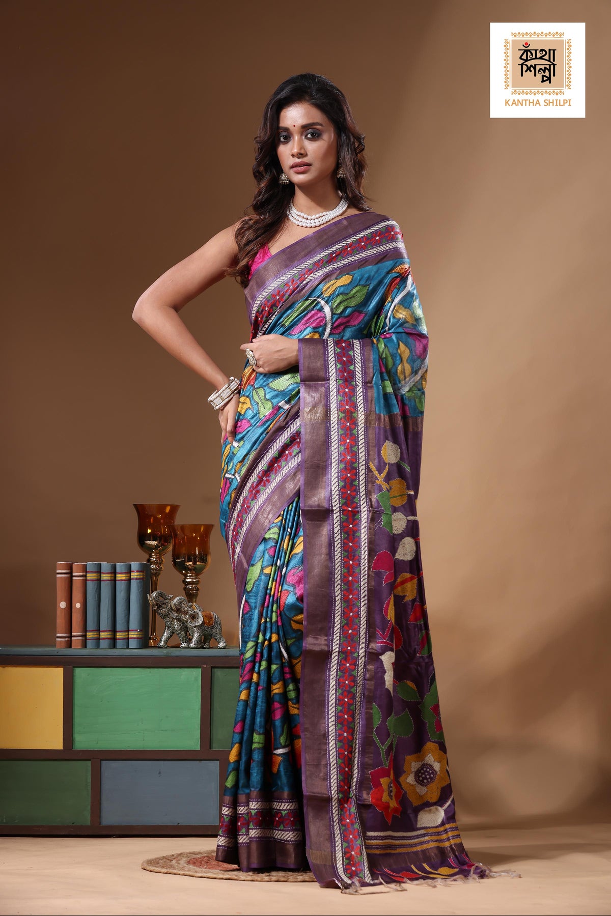 Zari Border Pure Tussar Kantha Stitch Saree SN2631286
