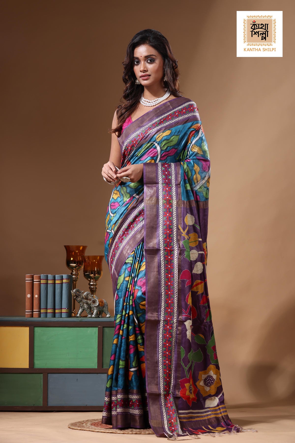 Zari Border Pure Tussar Kantha Stitch Saree SN2631286