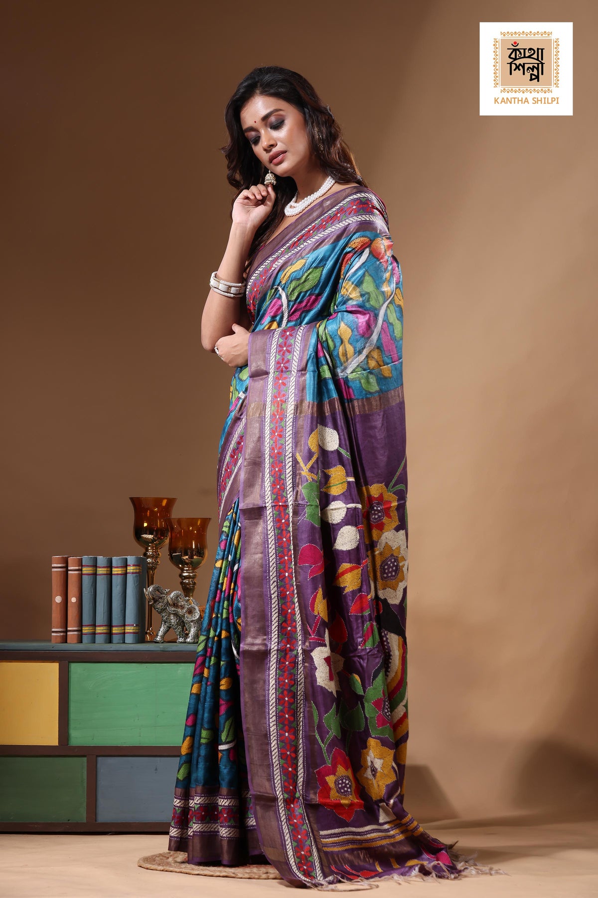 Zari Border Pure Tussar Kantha Stitch Saree SN2631286