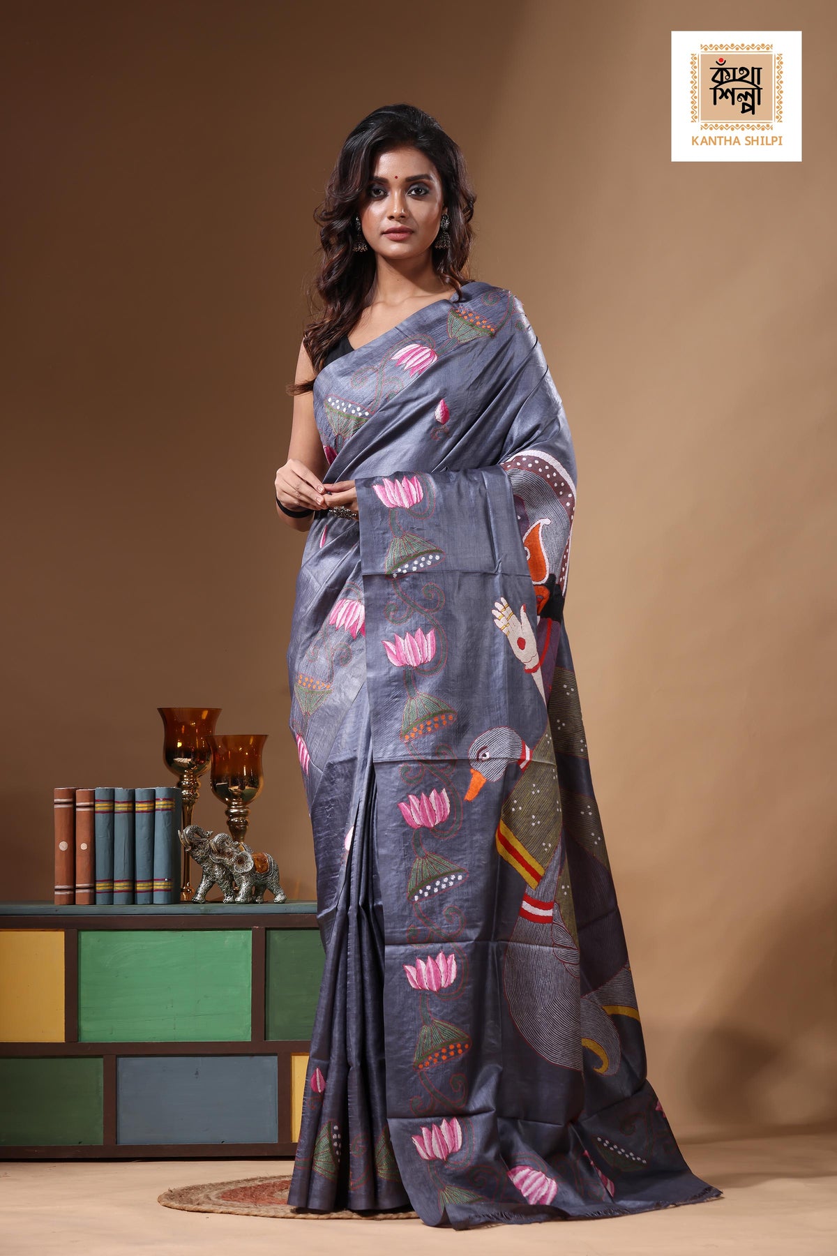 Dye Pure Gachi Tussar Kantha Stitch Saree SN2631439