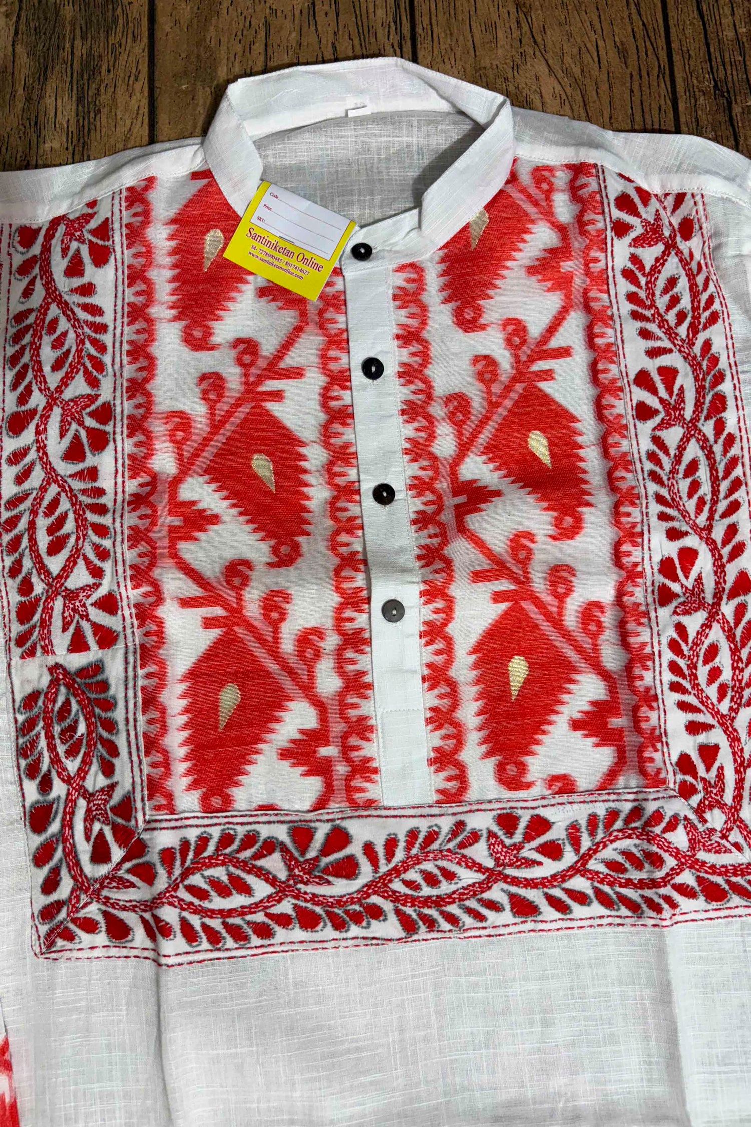 White Cotton Jamdani Patch Kantha Work Panjabi