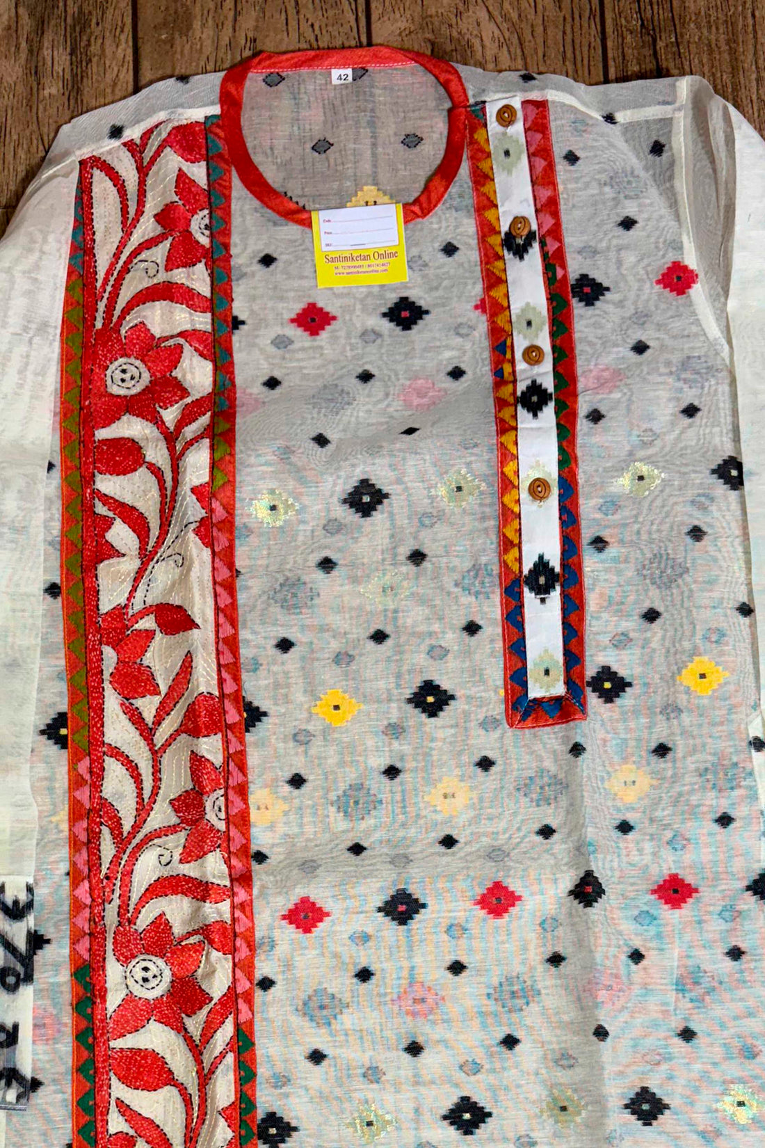 White and Multicolor Buti Jamdani with Kantha Work Panjabi