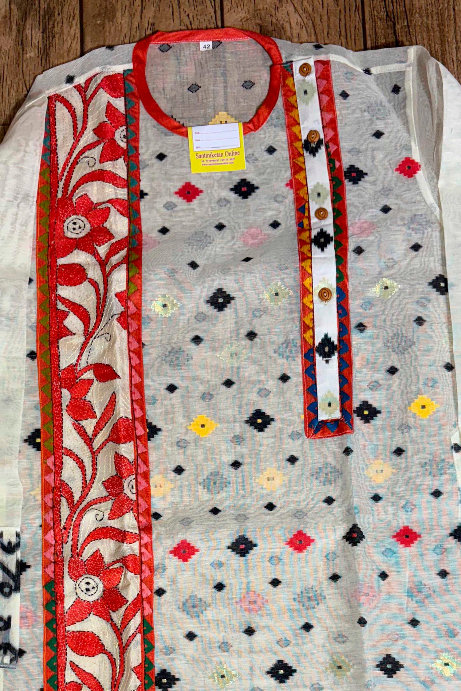 White and Multicolor Buti Jamdani with Kantha Work Panjabi