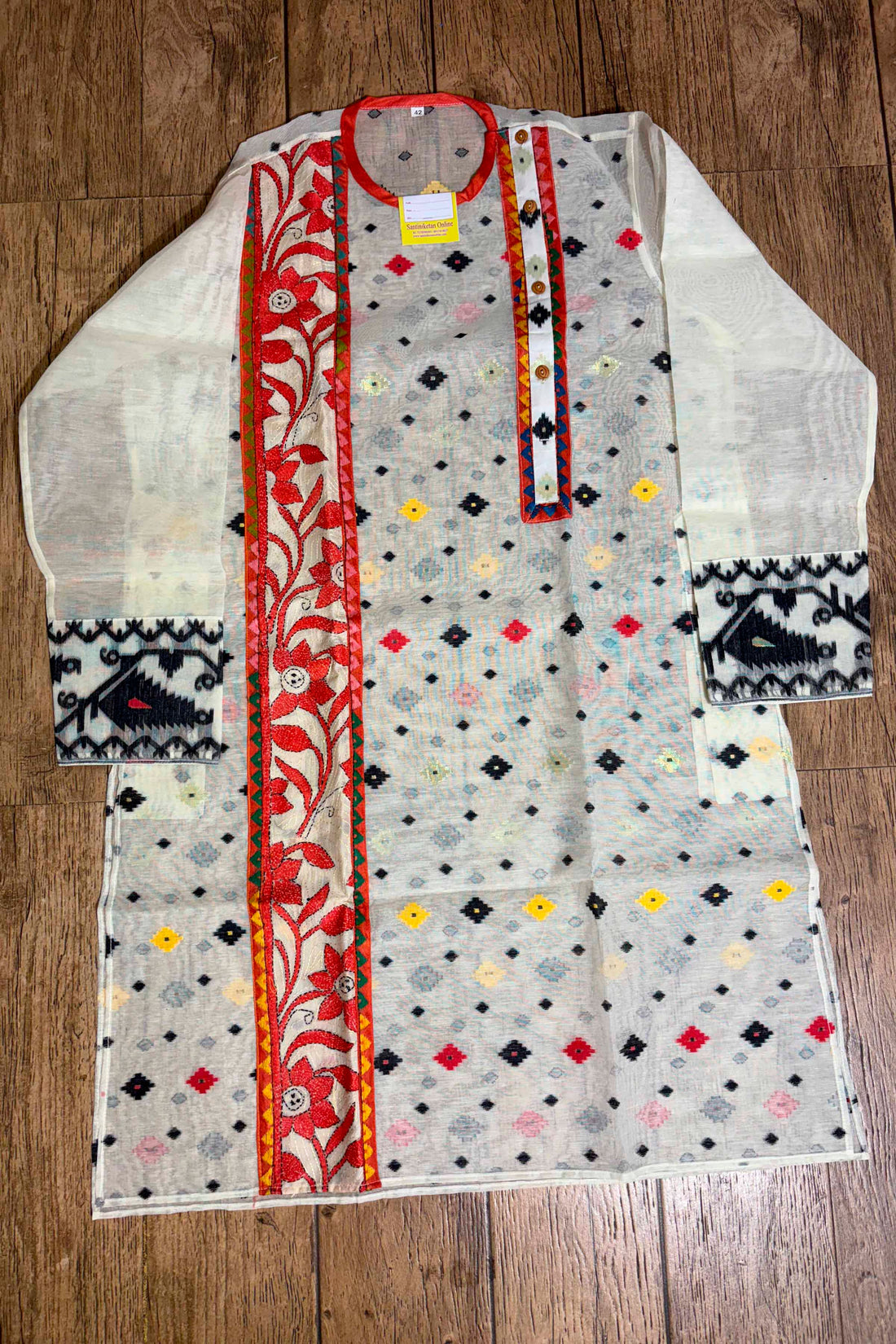 White and Multicolor Buti Jamdani with Kantha Work Panjabi