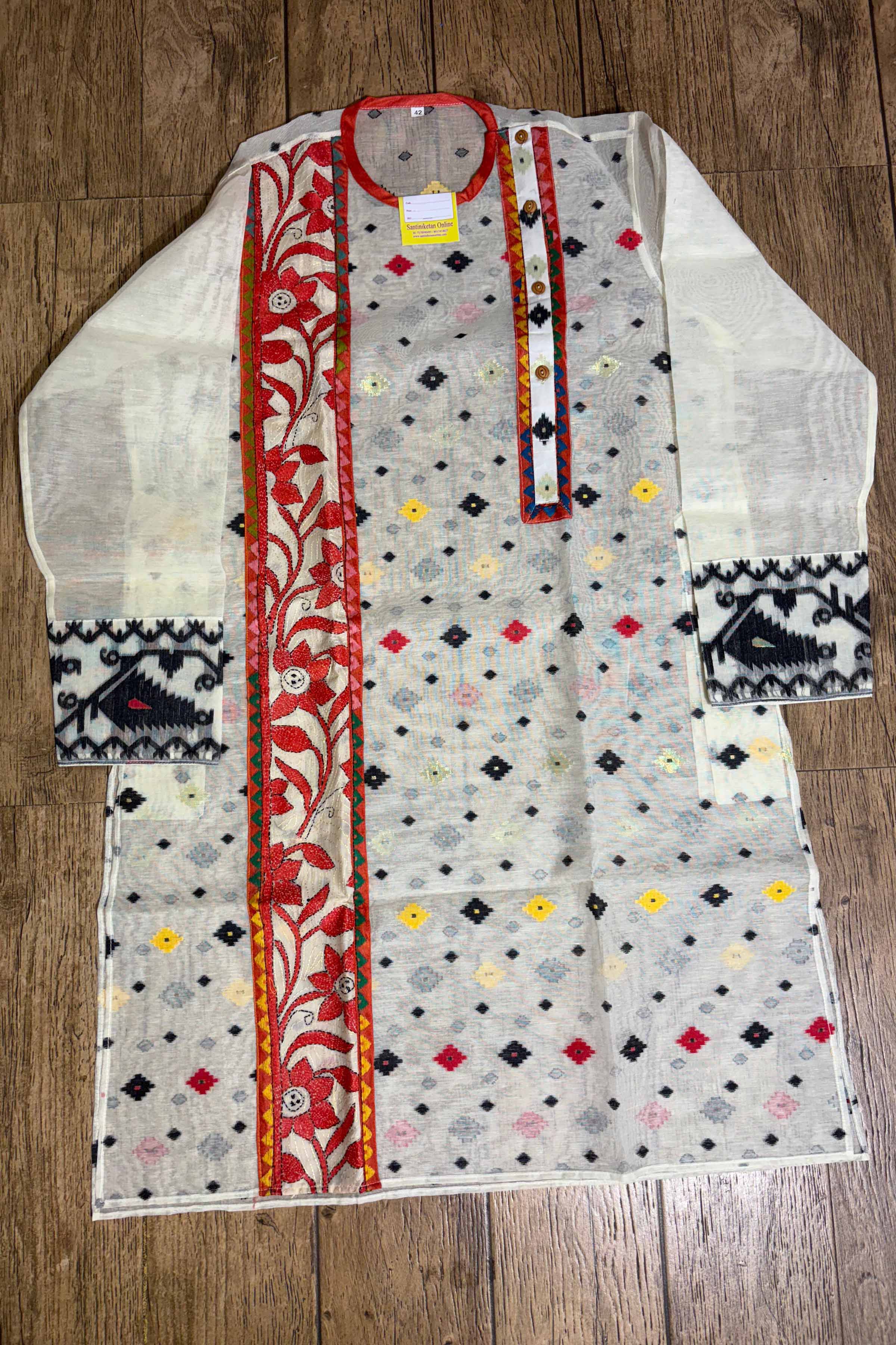 White and Multicolor Buti Jamdani with Kantha Work Panjabi