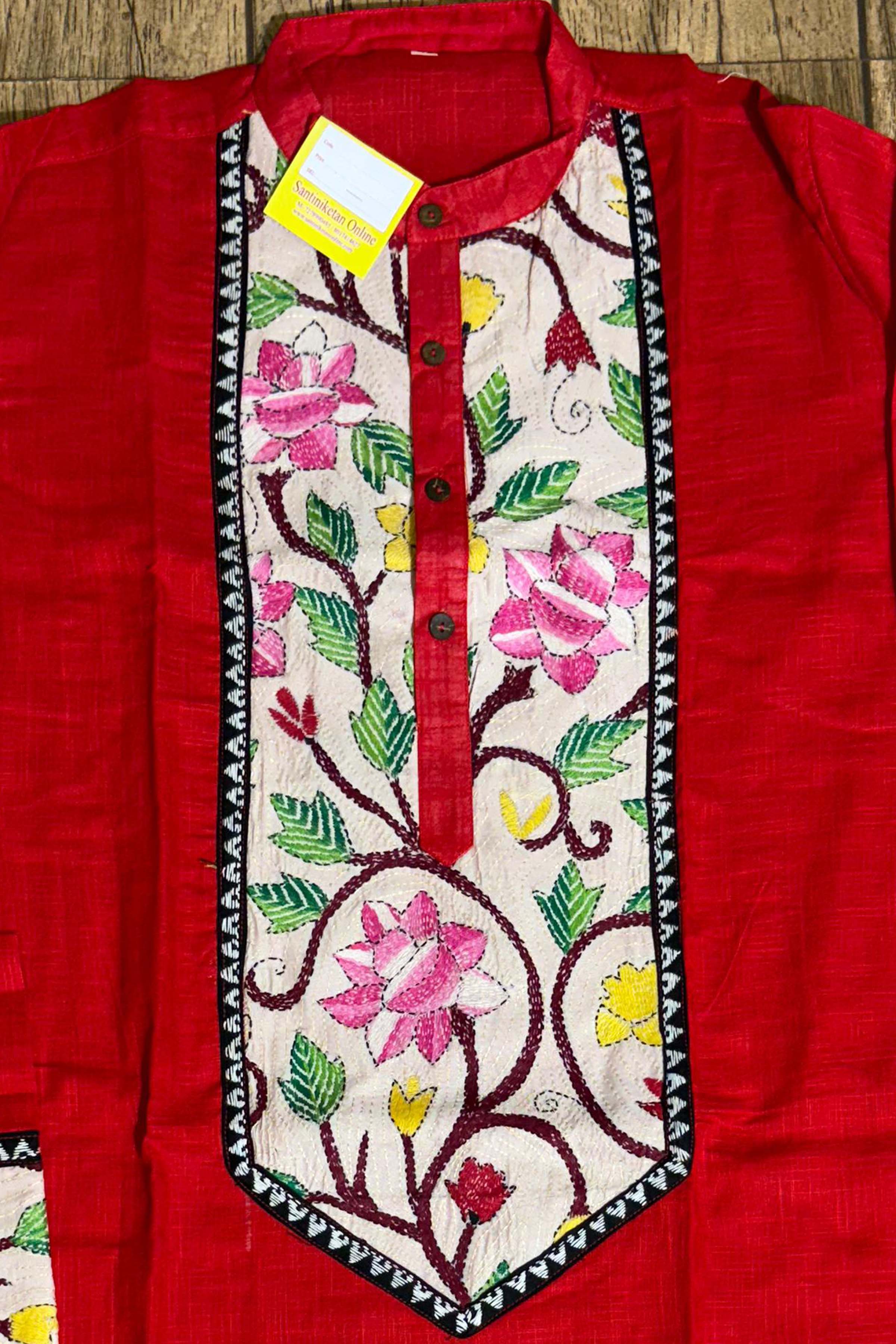 Red Cotton with Kantha Patch Work Panjabi