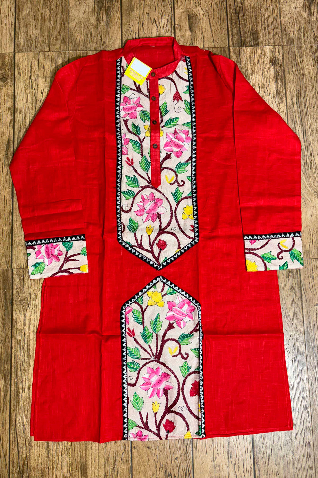 Red Cotton with Kantha Patch Work Panjabi