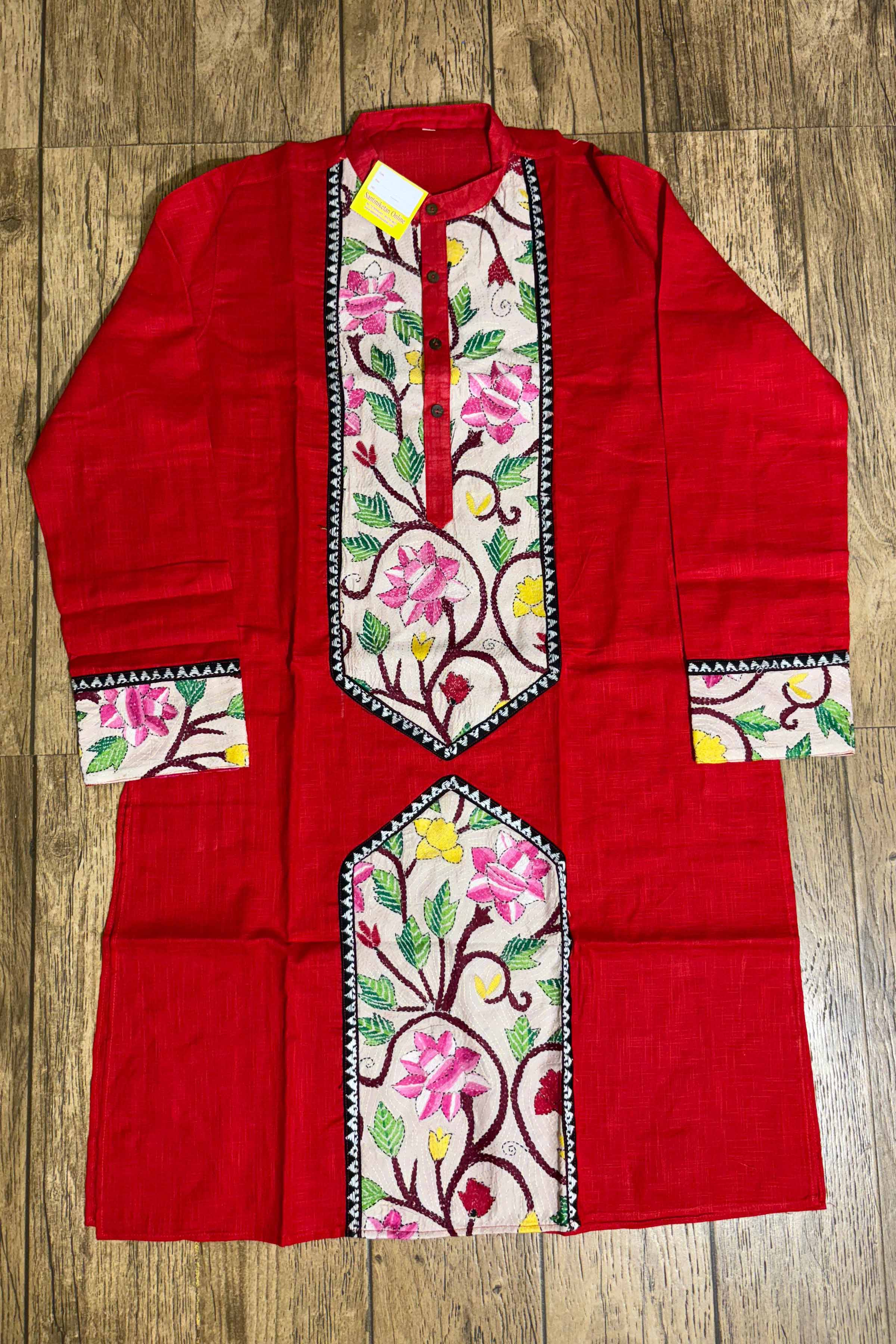 Red Cotton with Kantha Patch Work Panjabi