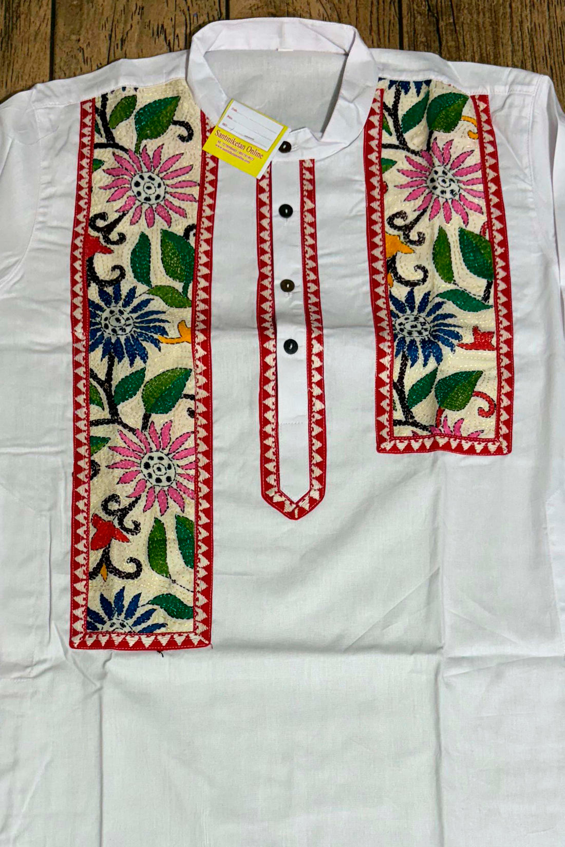 White Color Cotton and Multicolor Kantha Patch Work Panjabi