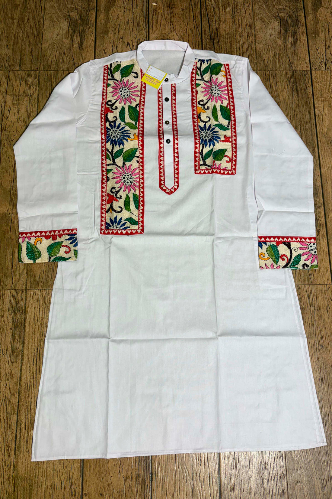 White Color Cotton and Multicolor Kantha Patch Work Panjabi