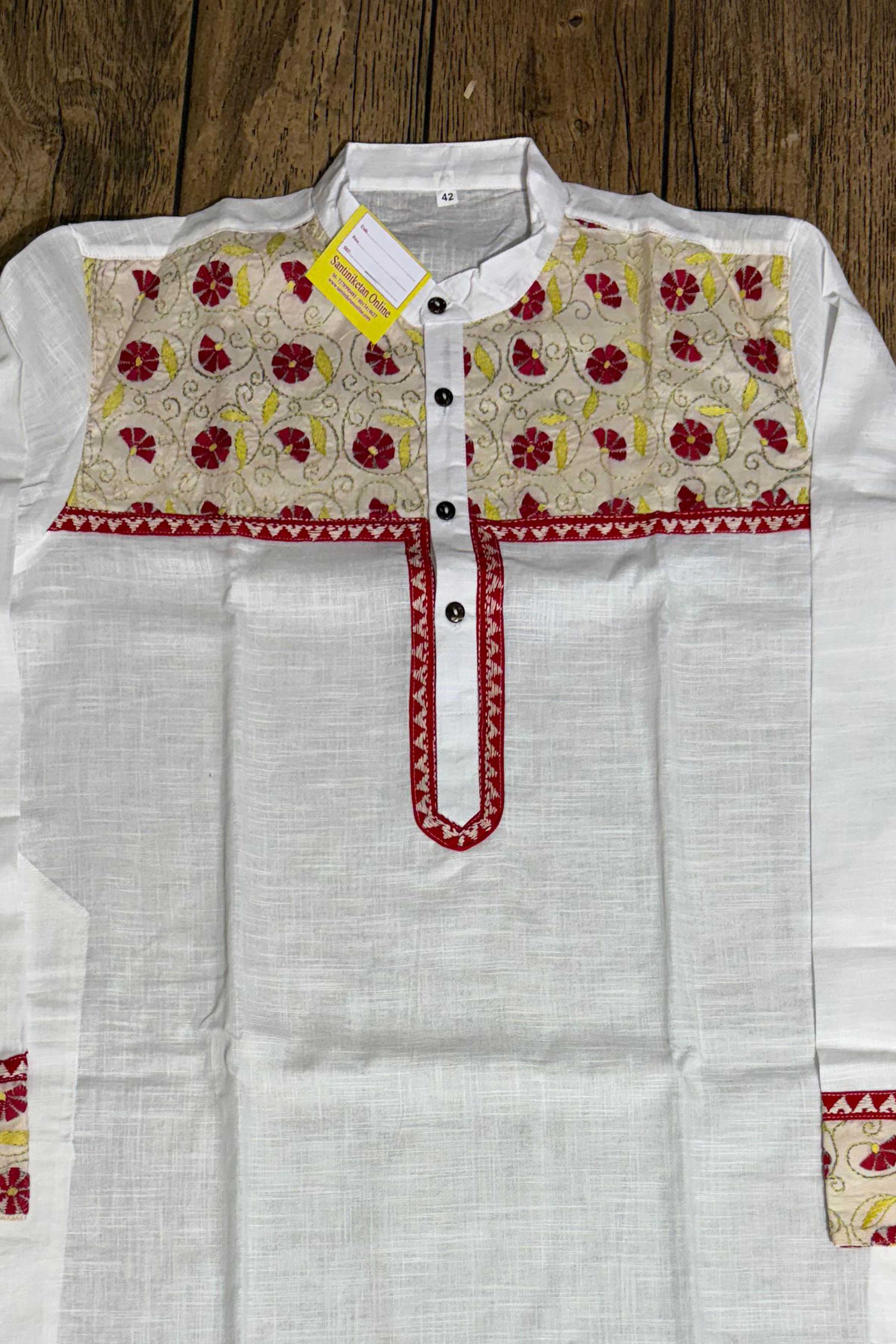 White Color Cotton and Kantha Patch Work Panjabi