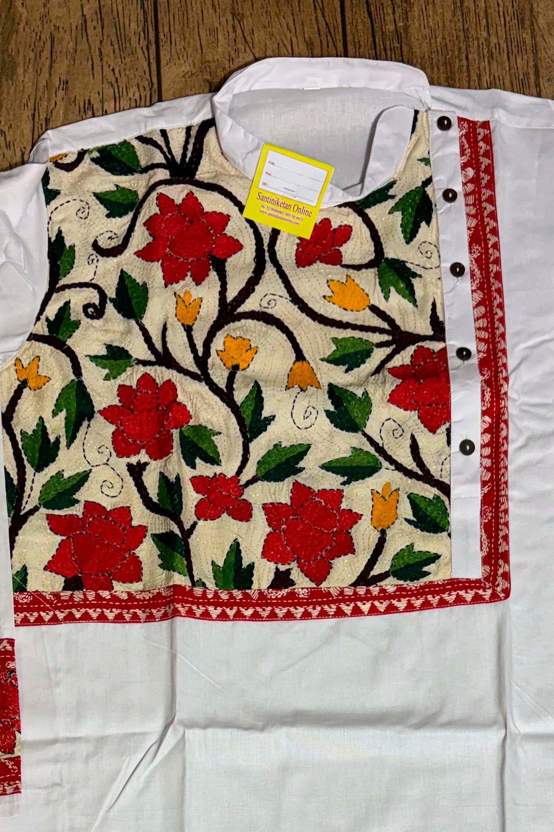 White Color Cotton and Multicolor Kantha Patch Work Panjabi