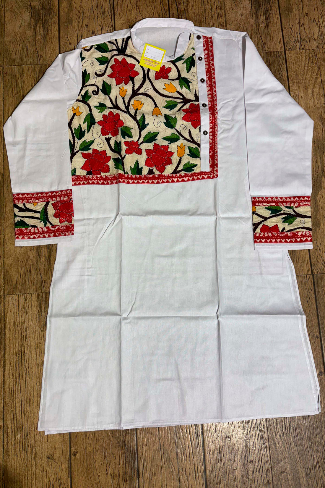 White Color Cotton and Multicolor Kantha Patch Work Panjabi