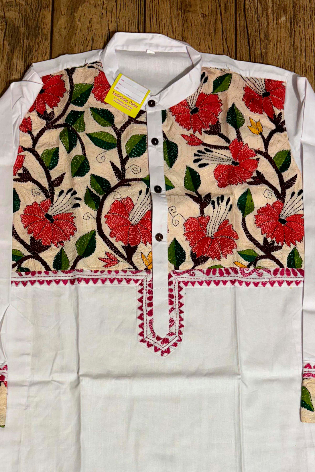 White Color Cotton and Multicolor Kantha Patch Work Panjabi