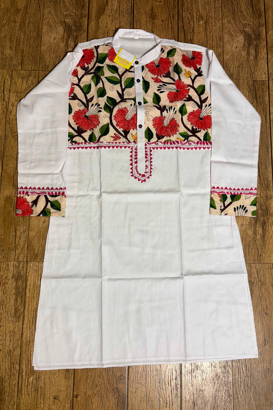 White Color Cotton and Multicolor Kantha Patch Work Panjabi