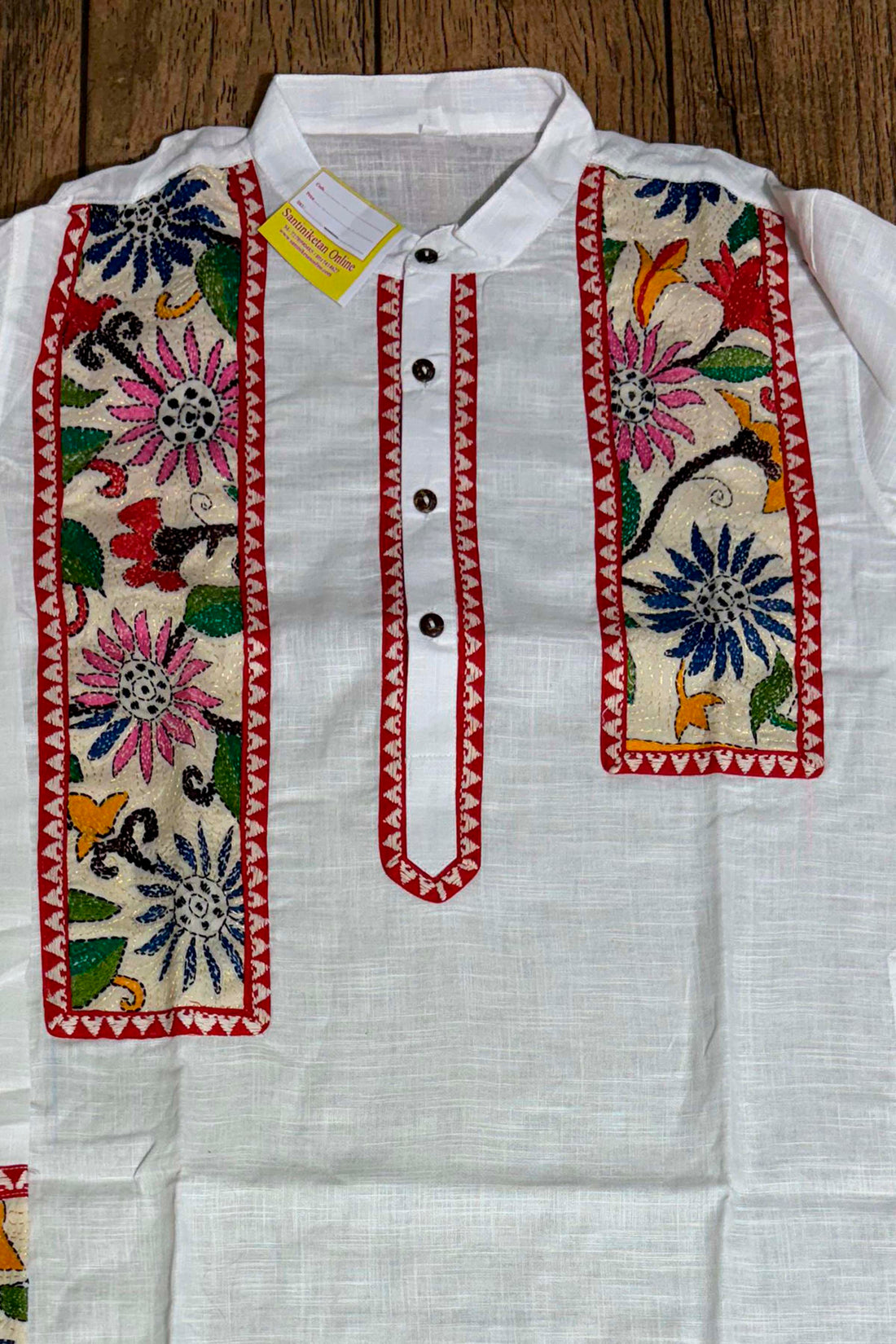 White Color Cotton and Multicolor Kantha Patch Work Panjabi