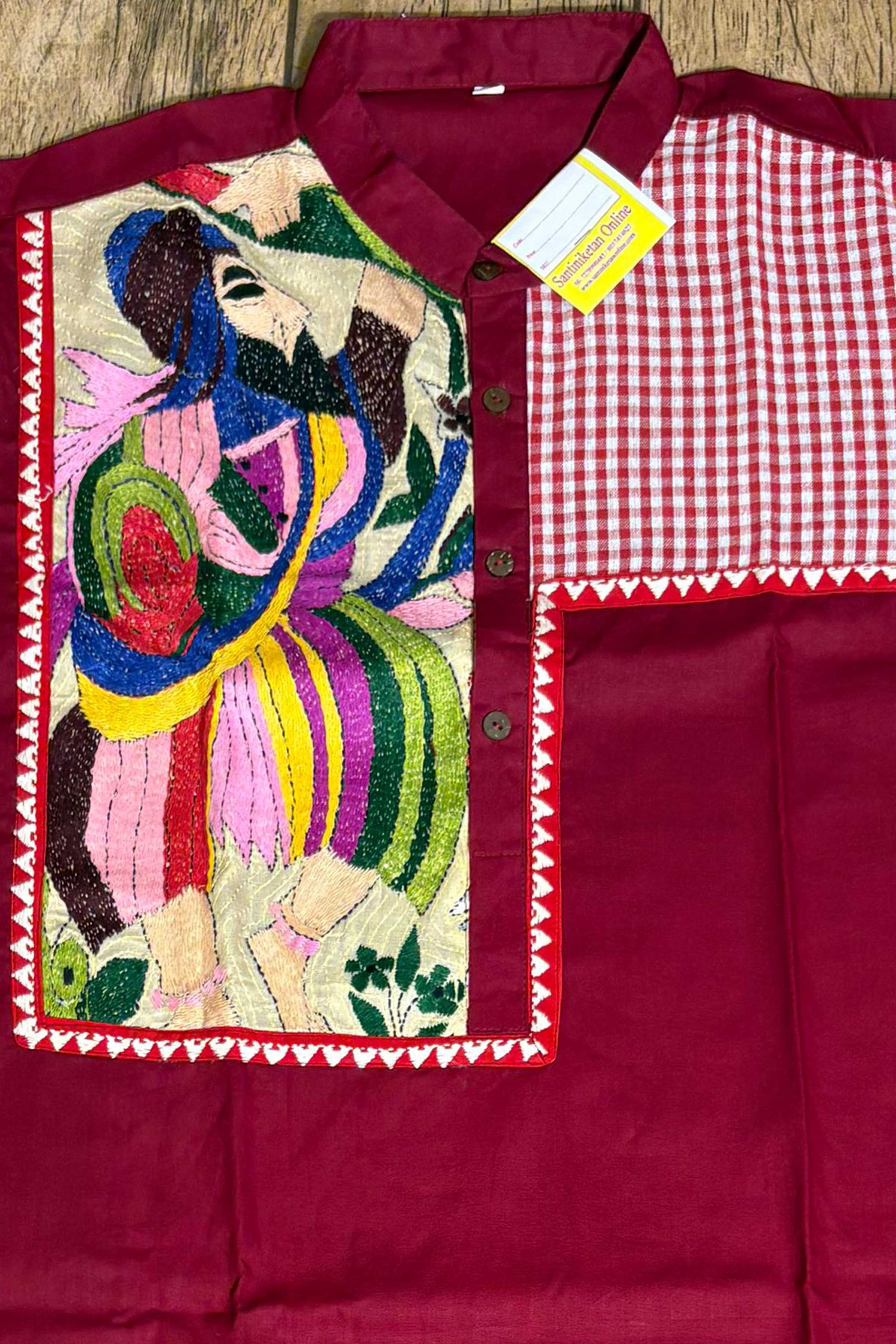 Maroon Color Cotton and Multicolor Kantha Patch Work Panjabi