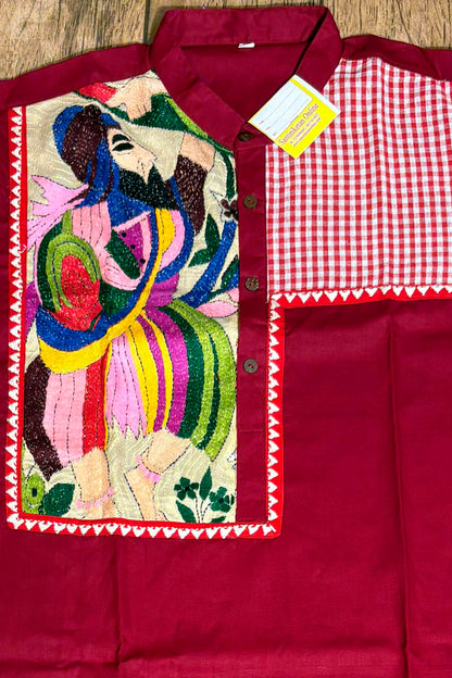 Maroon Color Cotton and Multicolor Kantha Patch Work Panjabi