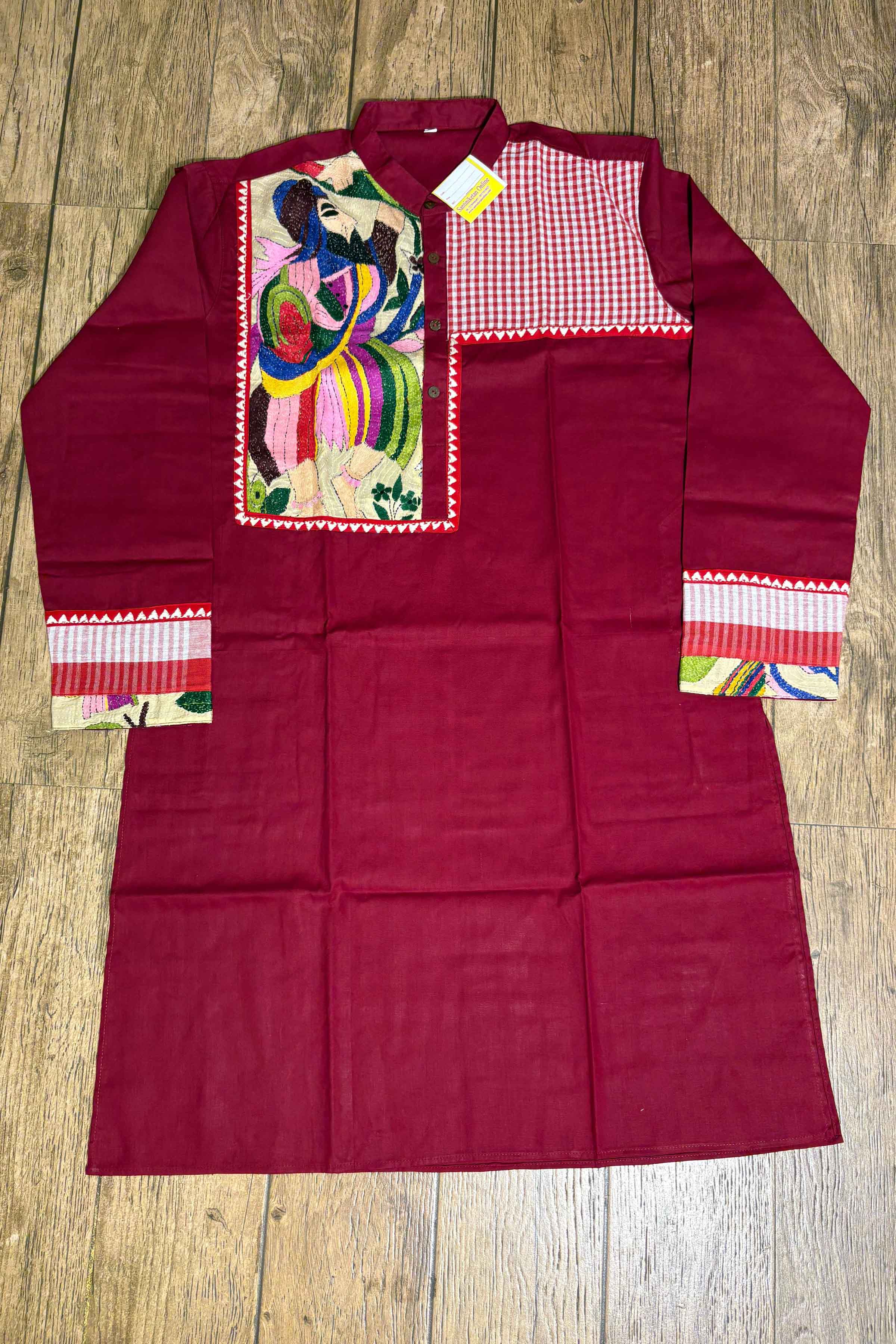 Maroon Color Cotton and Multicolor Kantha Patch Work Panjabi