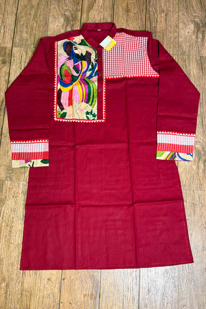 Maroon Color Cotton and Multicolor Kantha Patch Work Panjabi