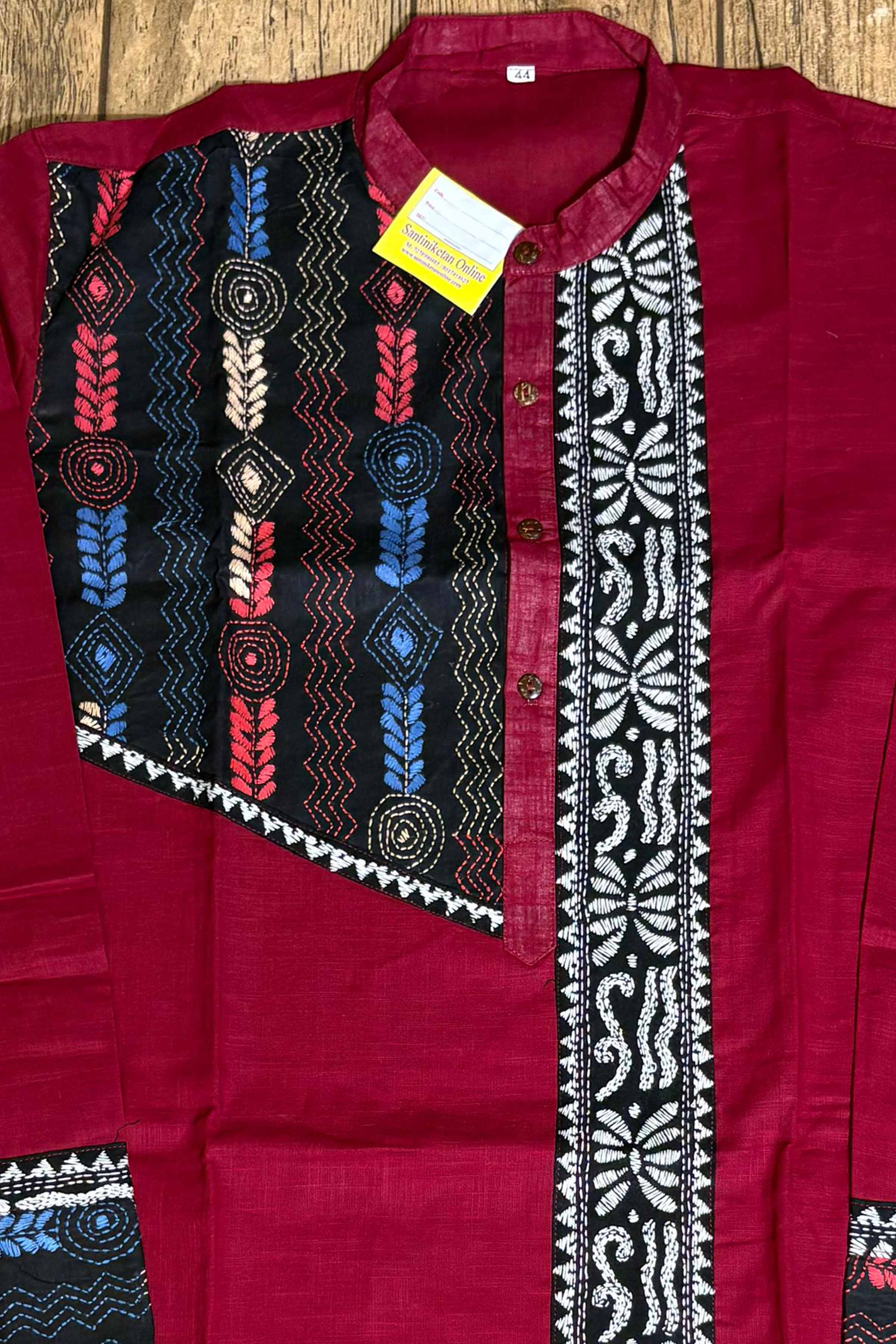 Maroon Color Cotton and Multicolor Kantha Patch Work Panjabi