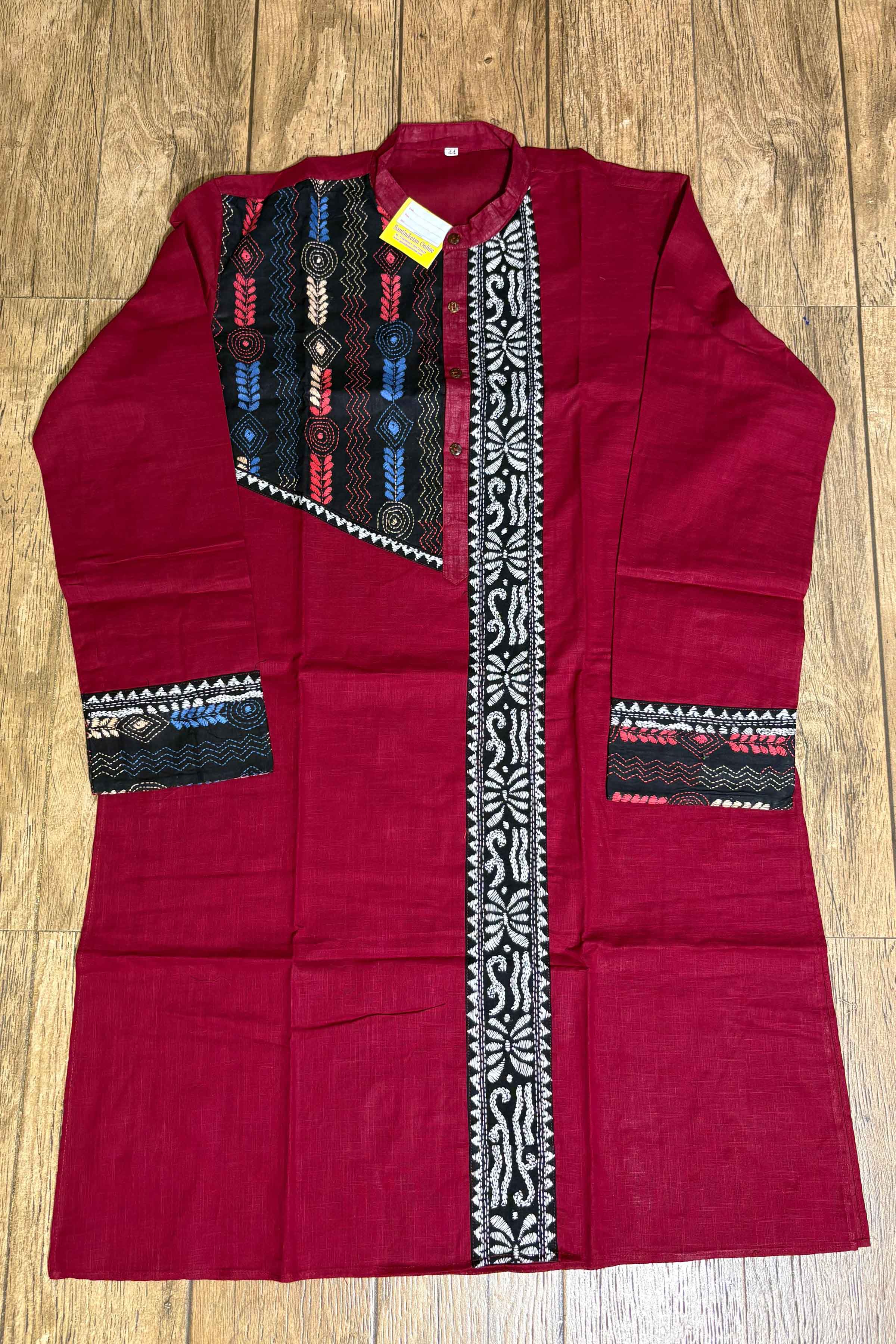 Maroon Color Cotton and Multicolor Kantha Patch Work Panjabi