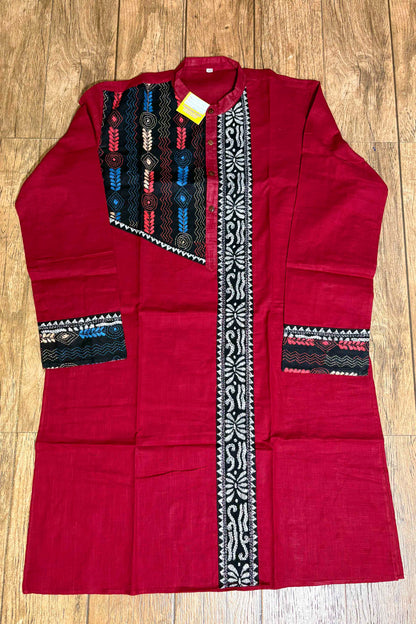 Maroon Color Cotton and Multicolor Kantha Patch Work Panjabi