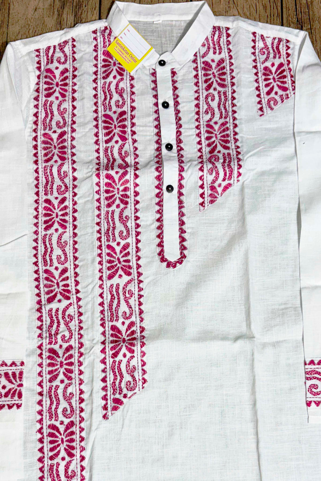 White Color Cotton and Rani Color Thread Kantha Patch Work Panjabi