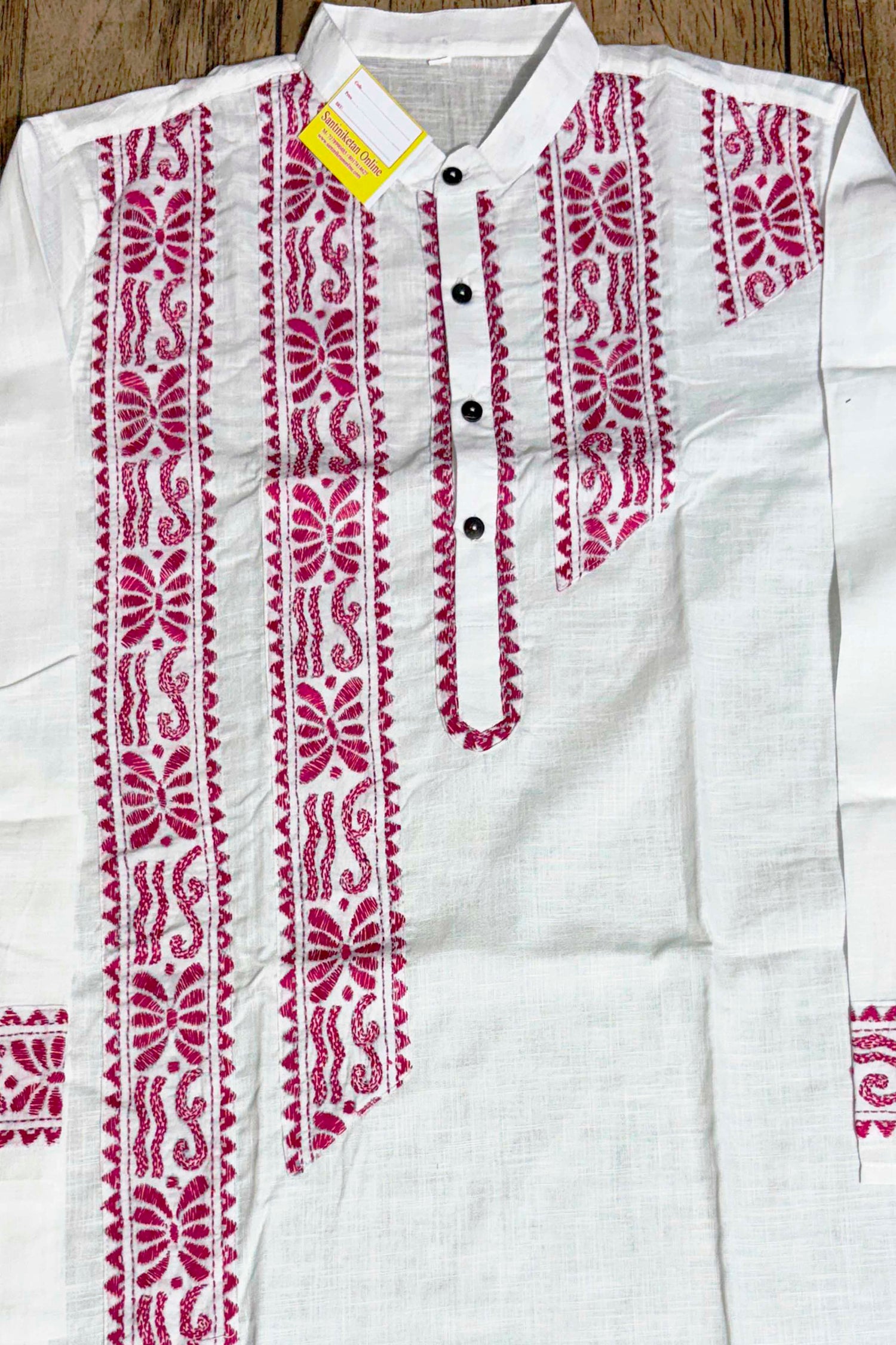 White Color Cotton and Rani Color Thread Kantha Patch Work Panjabi