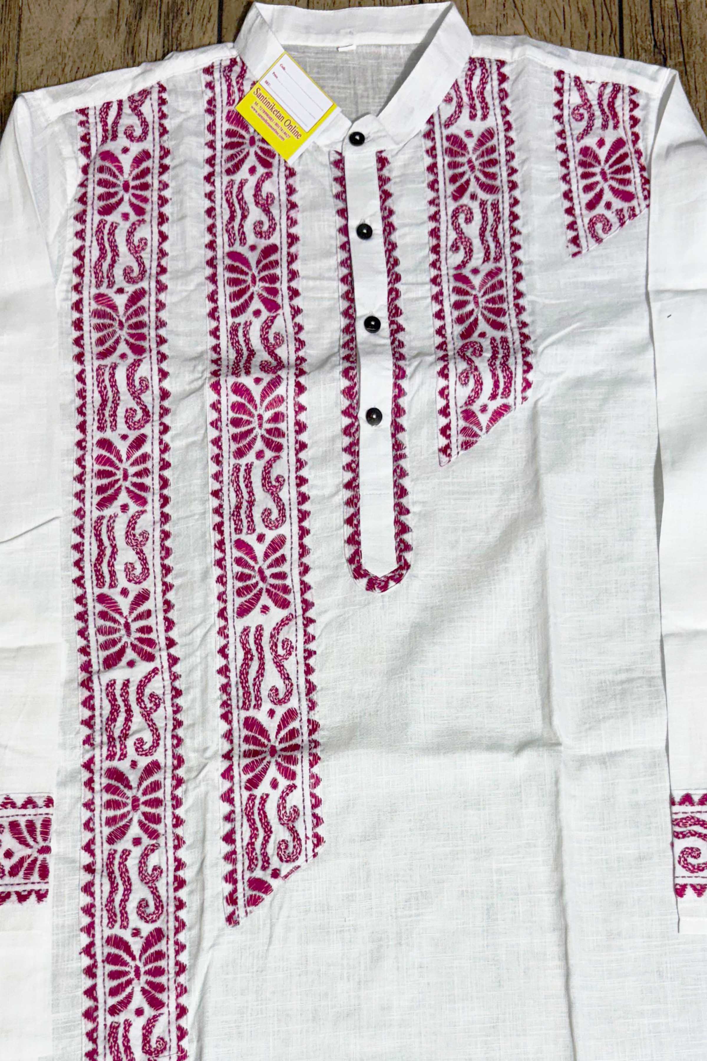 White Color Cotton and Rani Color Thread Kantha Patch Work Panjabi