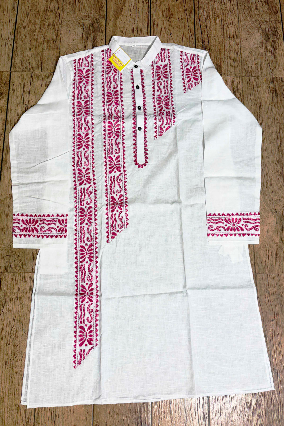 White Color Cotton and Rani Color Thread Kantha Patch Work Panjabi