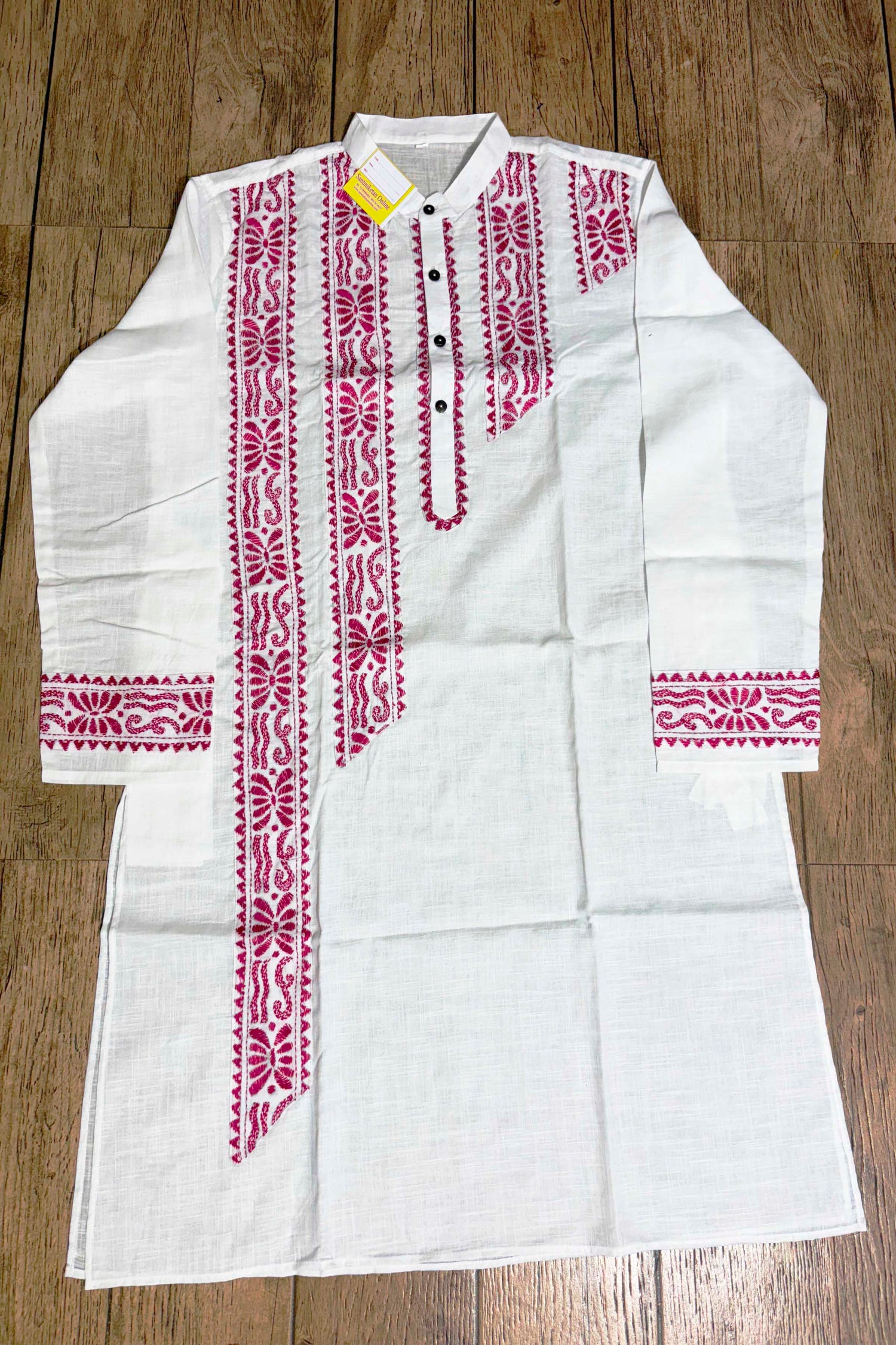 White Color Cotton and Rani Color Thread Kantha Patch Work Panjabi