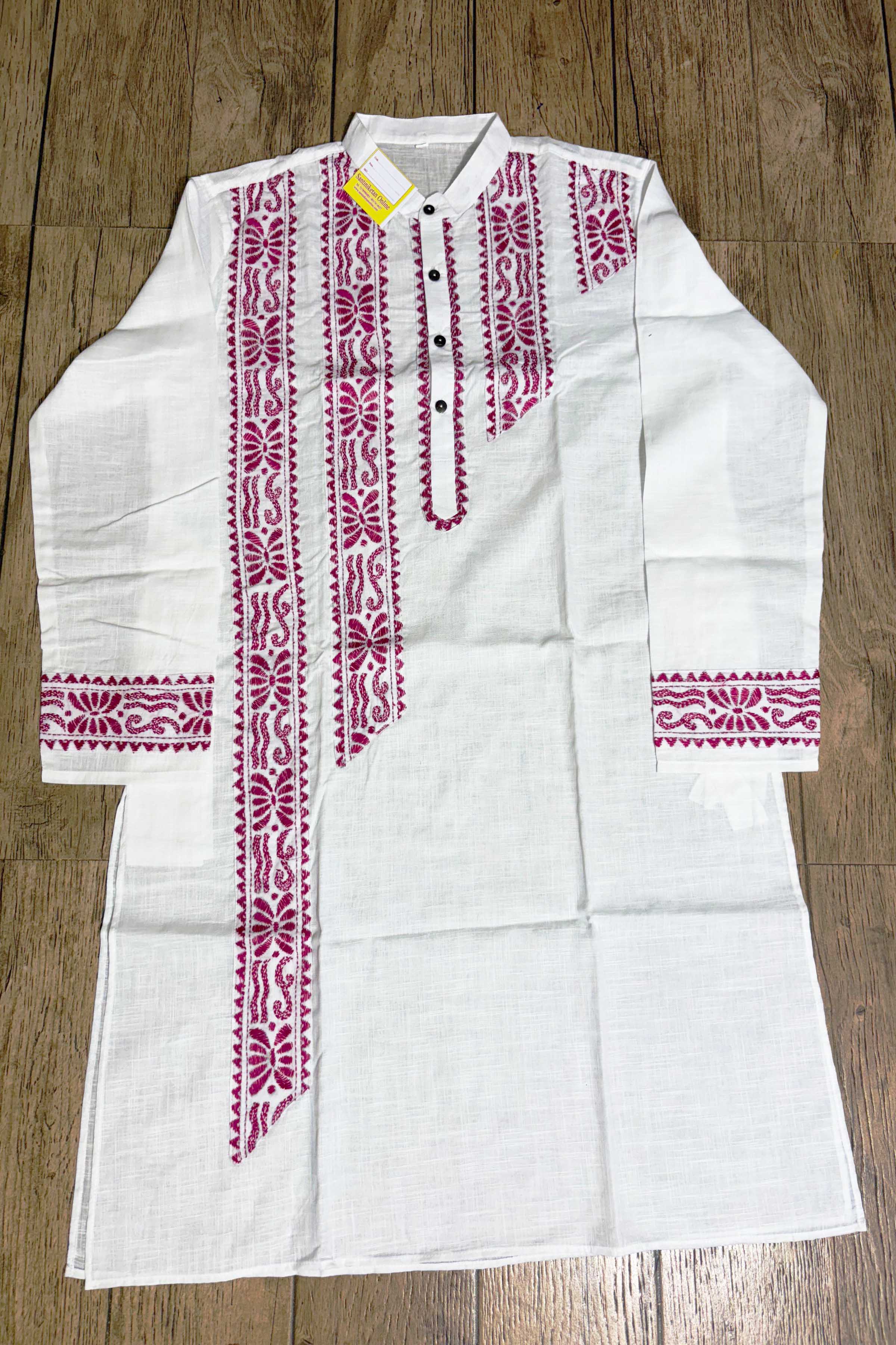 White Color Cotton and Rani Color Thread Kantha Patch Work Panjabi