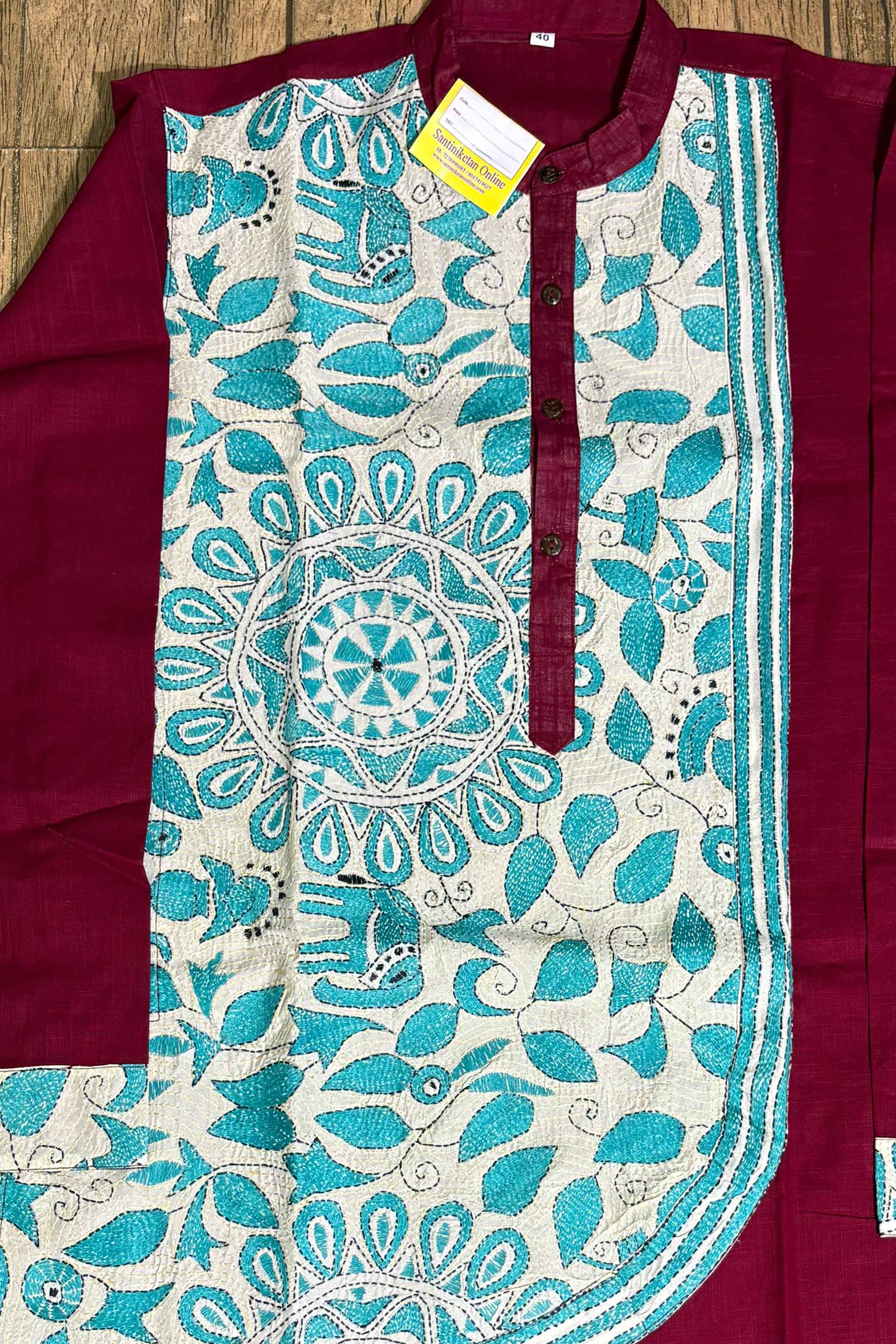 Maroon Color Cotton and Kantha Patch Work Panjabi