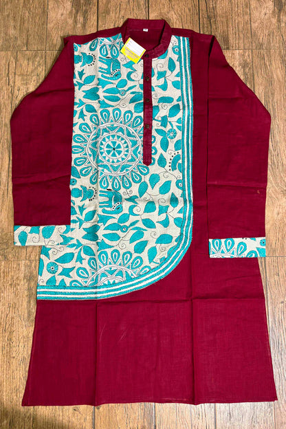 Maroon Color Cotton and Kantha Patch Work Panjabi