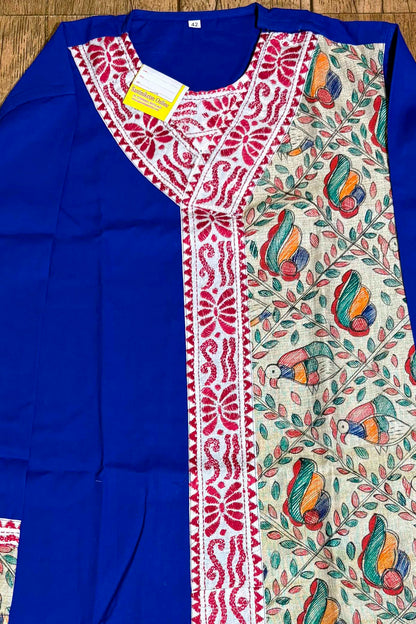 Blue Color Cotton and Multicolor Madhubani and Kantha Patch Work Panjabi