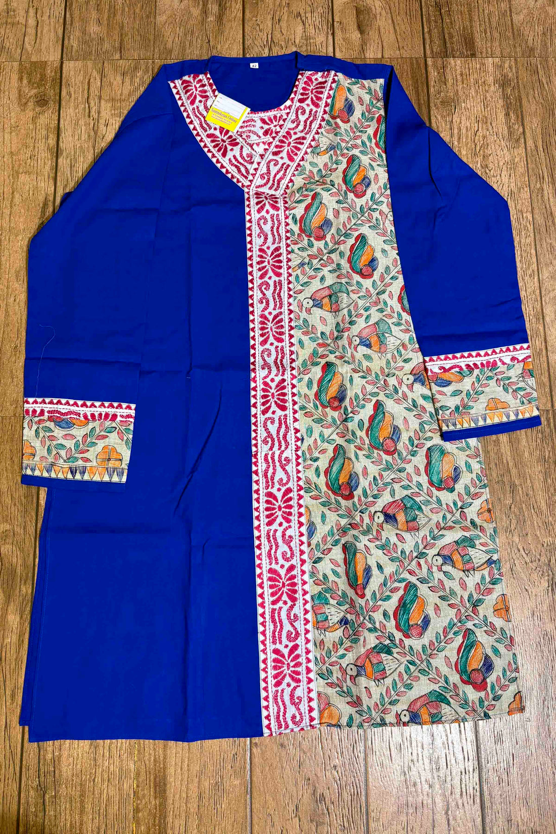 Blue Color Cotton and Multicolor Madhubani and Kantha Patch Work Panjabi