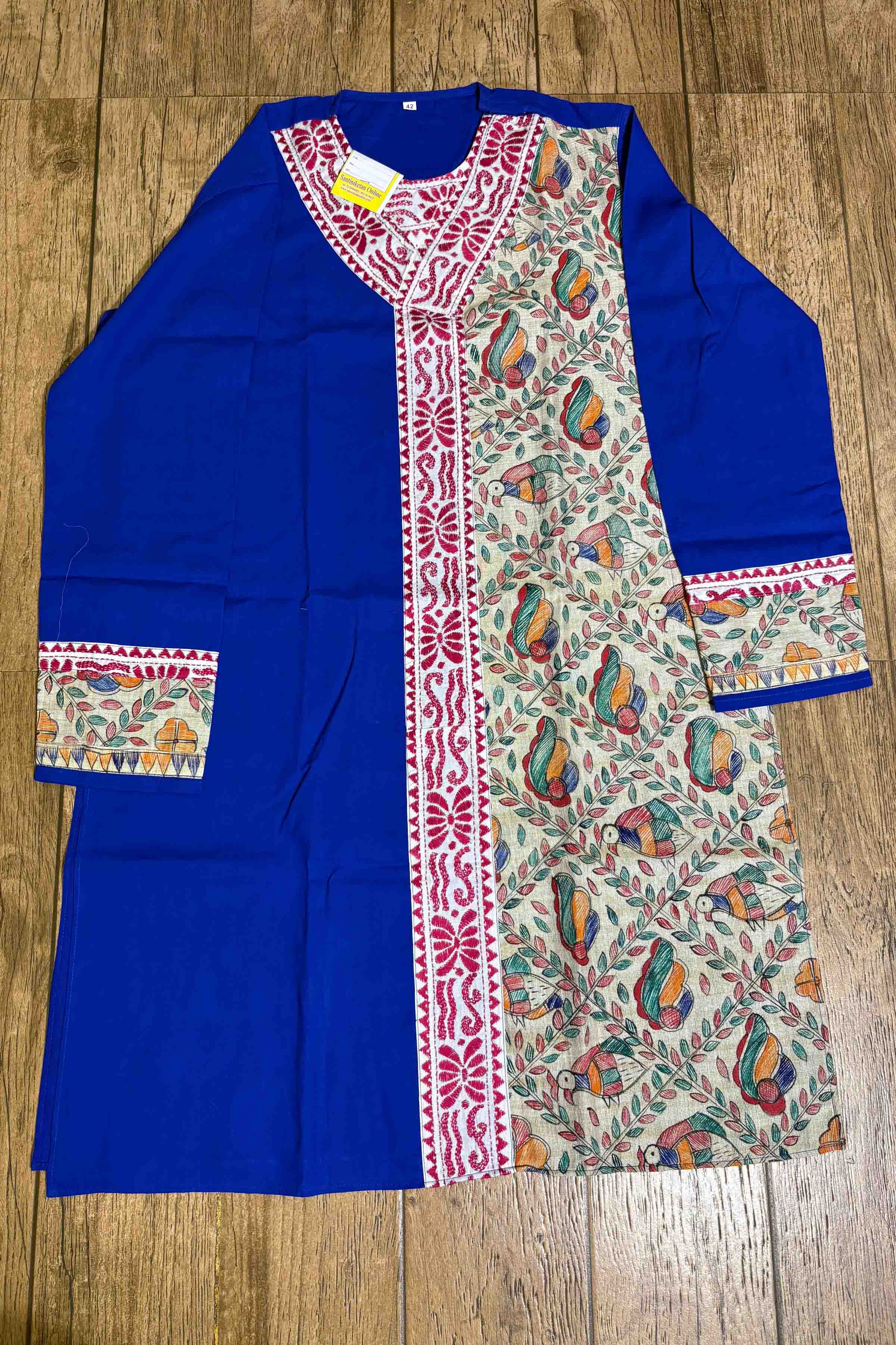 Blue Color Cotton and Multicolor Madhubani and Kantha Patch Work Panjabi