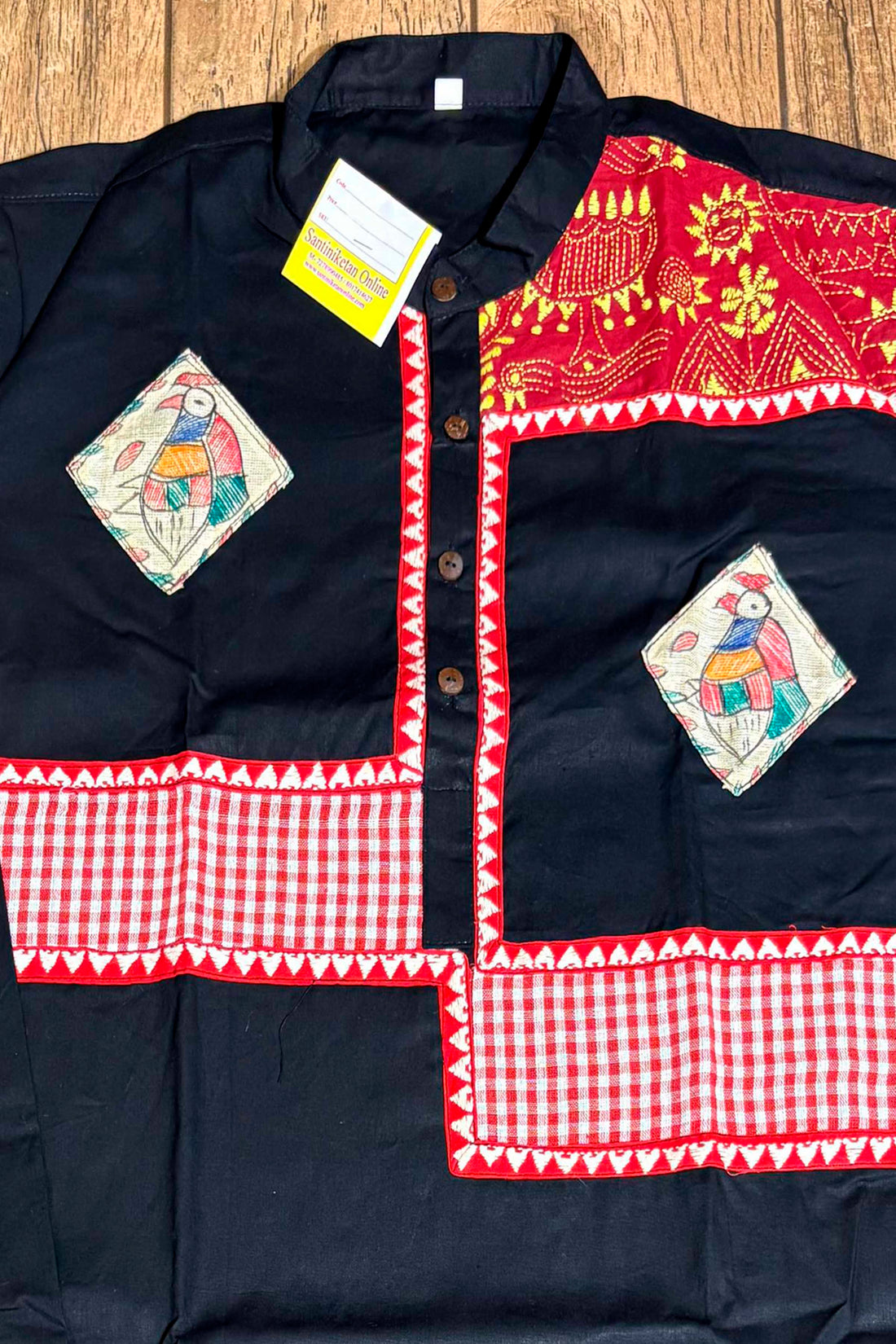 Black Color Cotton and Multicolor Madhubani and Kantha Patch Work Panjabi