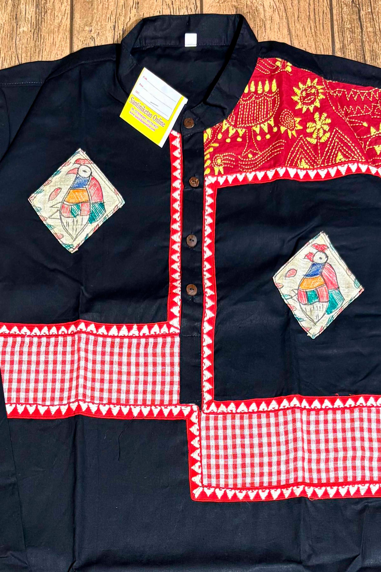 Black Color Cotton and Multicolor Madhubani and Kantha Patch Work Panjabi