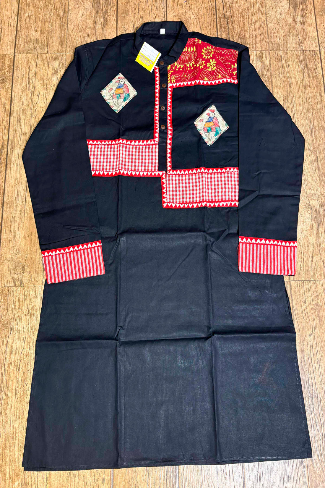 Black Color Cotton and Multicolor Madhubani and Kantha Patch Work Panjabi