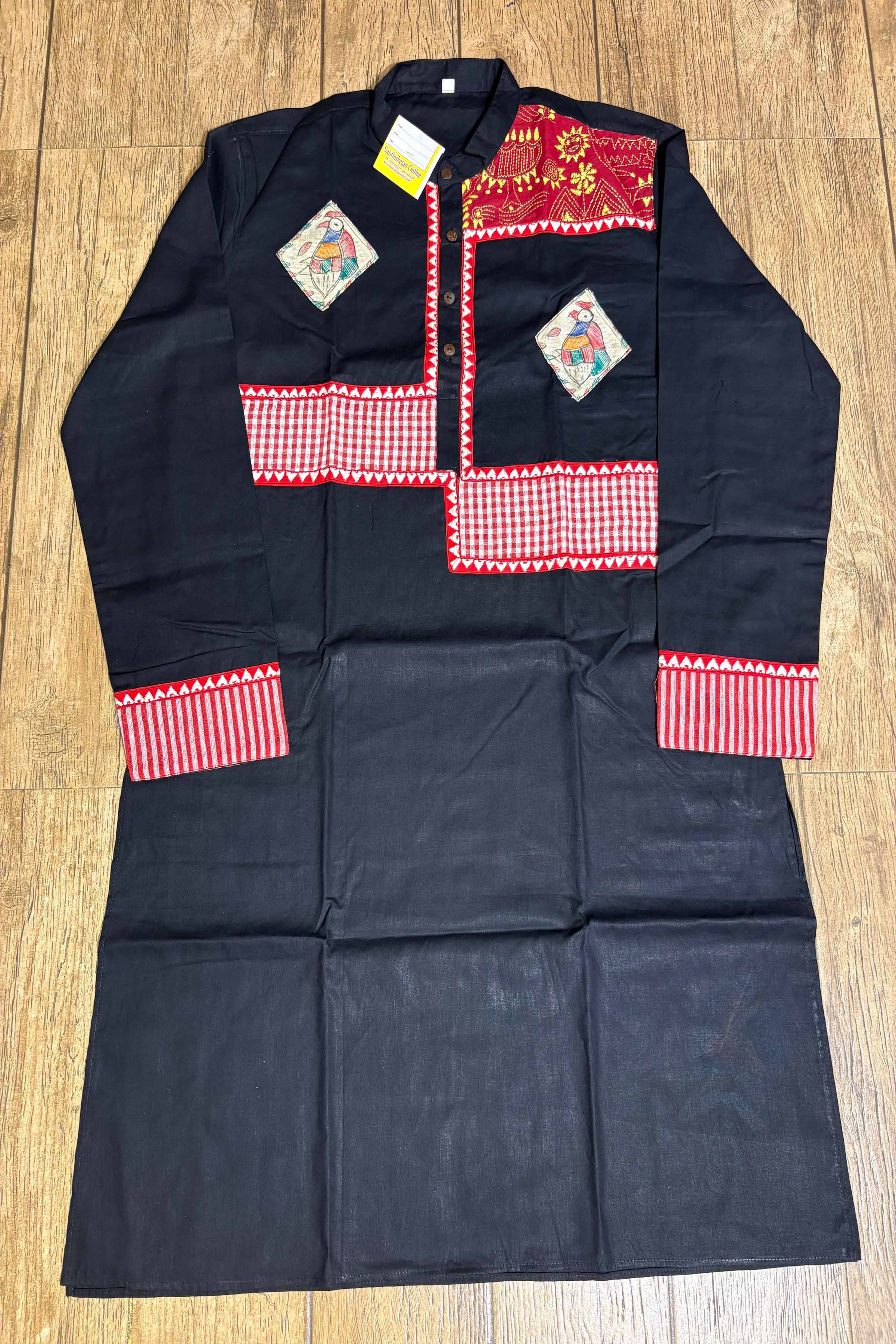 Black Color Cotton and Multicolor Madhubani and Kantha Patch Work Panjabi